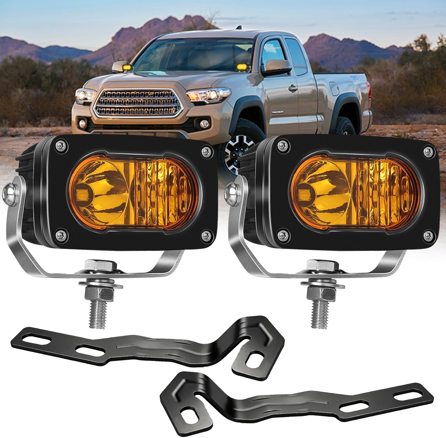 Hood Ditch Light Brackets with 3’’ 50W Yellow LED Pods Combo Beam Compatible with Toyota Tacoma 2016–2020 No-Drill Mount Kit for Off-Road Lighting Upgrade