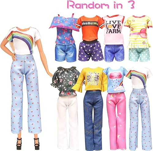 Miniatura 5 de 20 piezas de ropa y accesorios para muñecas hechos a mano, 2 vestidos de lentejuelas, 4 vestidos de moda, 4 tops y pantalones, trajes casuales, 10