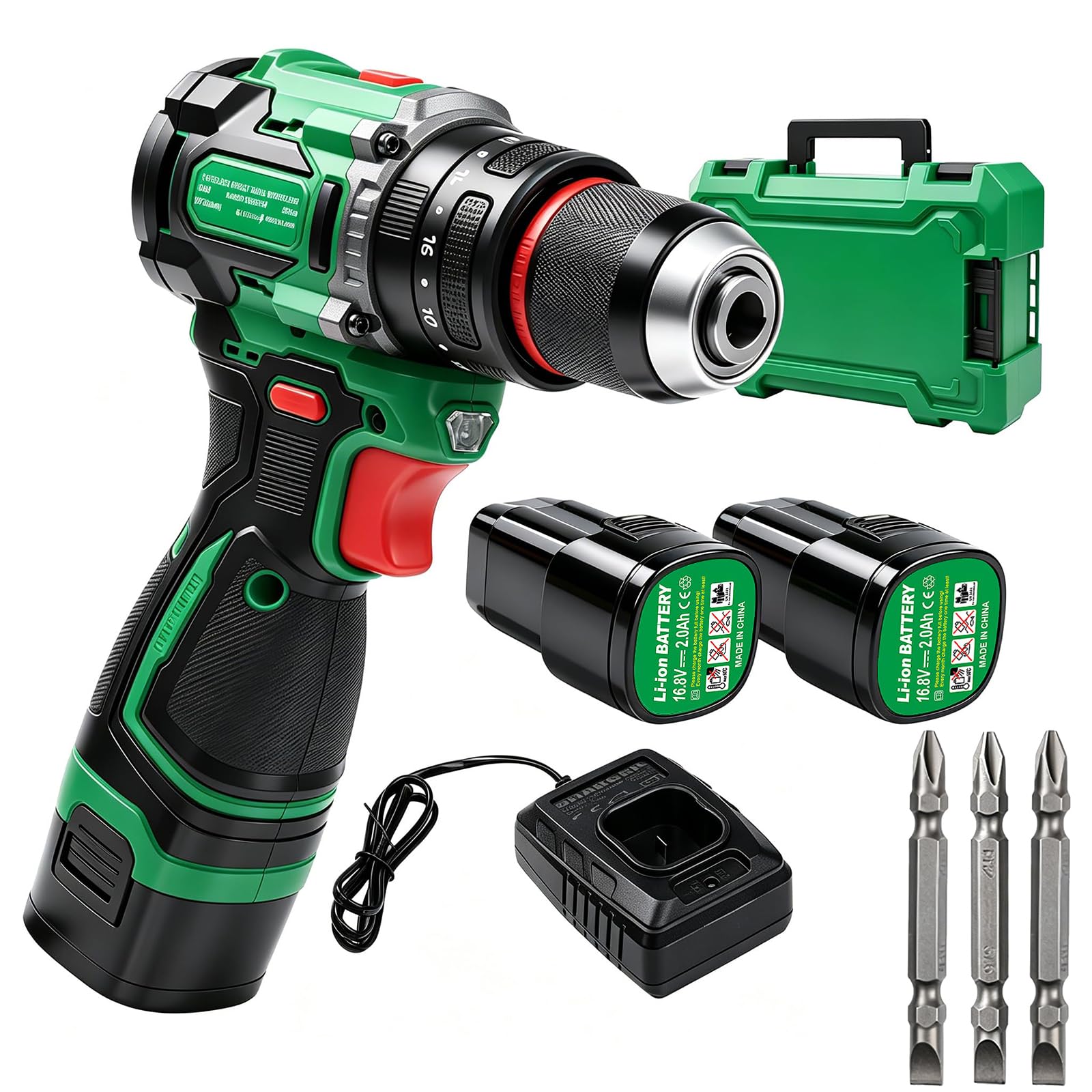 Trapano Elettrico A Percussione Senza Fili, Cacciavite Elettrico Con Coppia Regolabile, Mandrino Universale da 3/8 Pollici con 3 Punte+2 Batterie, per Foratura Del Calcestruzzo, Riparazioni Quotidiane