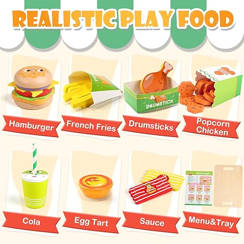 Miniatura 3 de Juego de comida de madera para hamburguesas para niños, juego de comida rápida con bandeja, accesorios de cocina de juego de simulación para niños