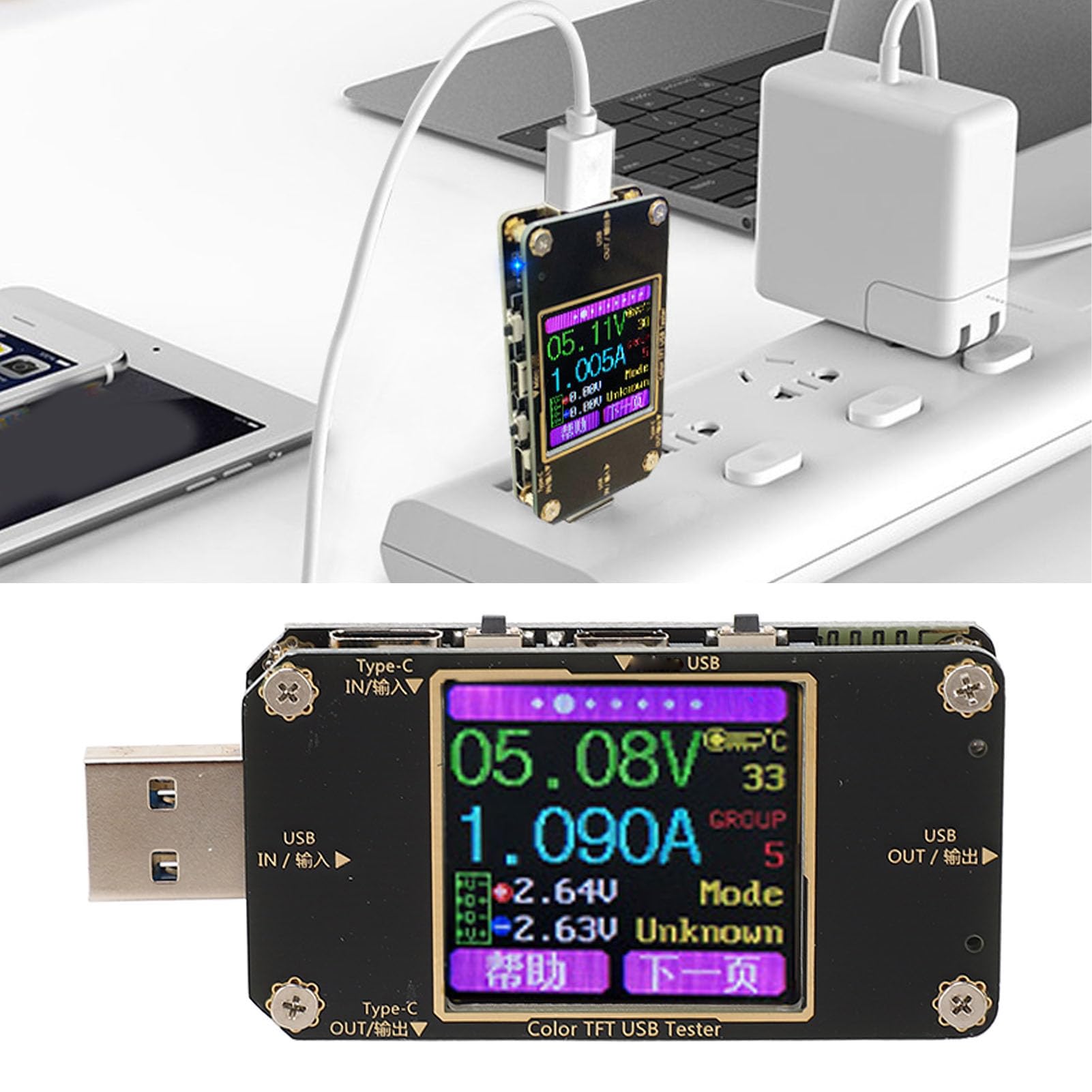Rilevatore di potenza digitale SustVita 4,5 V-24 V con display a colori da 1,44 pollici, protocollo di ricarica rapida PD QC Voltmetro Amperometro USB per impedenza e temperatura