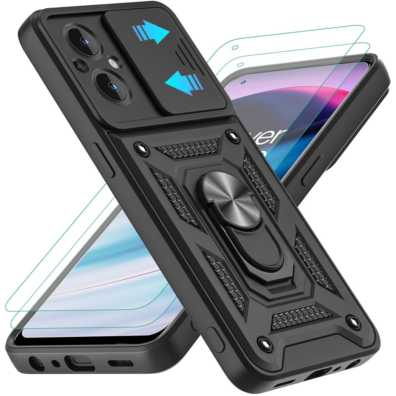 YKHJKLEC for OnePlus Nord N20 5G Case with 2Pcs HD Screen Protector, Heavy Duty Shockproof with 360 ° Rotation Metal Kickstand [Military Grade]