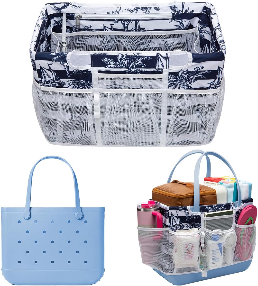 Nyton Organizer Insert for Original Large Bogg Bag Cover Beach Liner for XL Bogg Storage Separator with Mesh Pocket Sport Mom (BLUE WHITE STRIPE, Original - Large, 1 Organizer Insert)