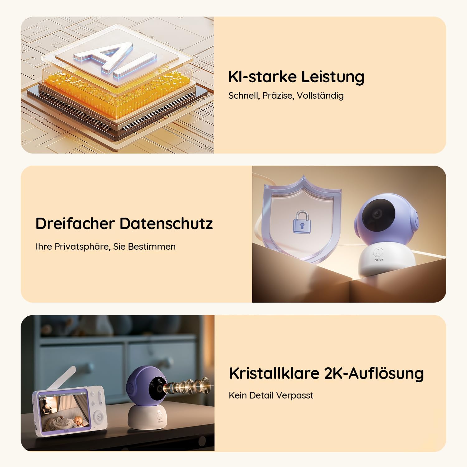 BOIFUN 2026 2K/3MP Babyphone mit Kamera WLAN, Nachtsicht ohne Sichtbares Licht, 5" Video Babyfon mit App, 360° Automatische Verfolgung, Weinen-, Bewegungs- und Geräuscherkennung, Temperaturerkennung
