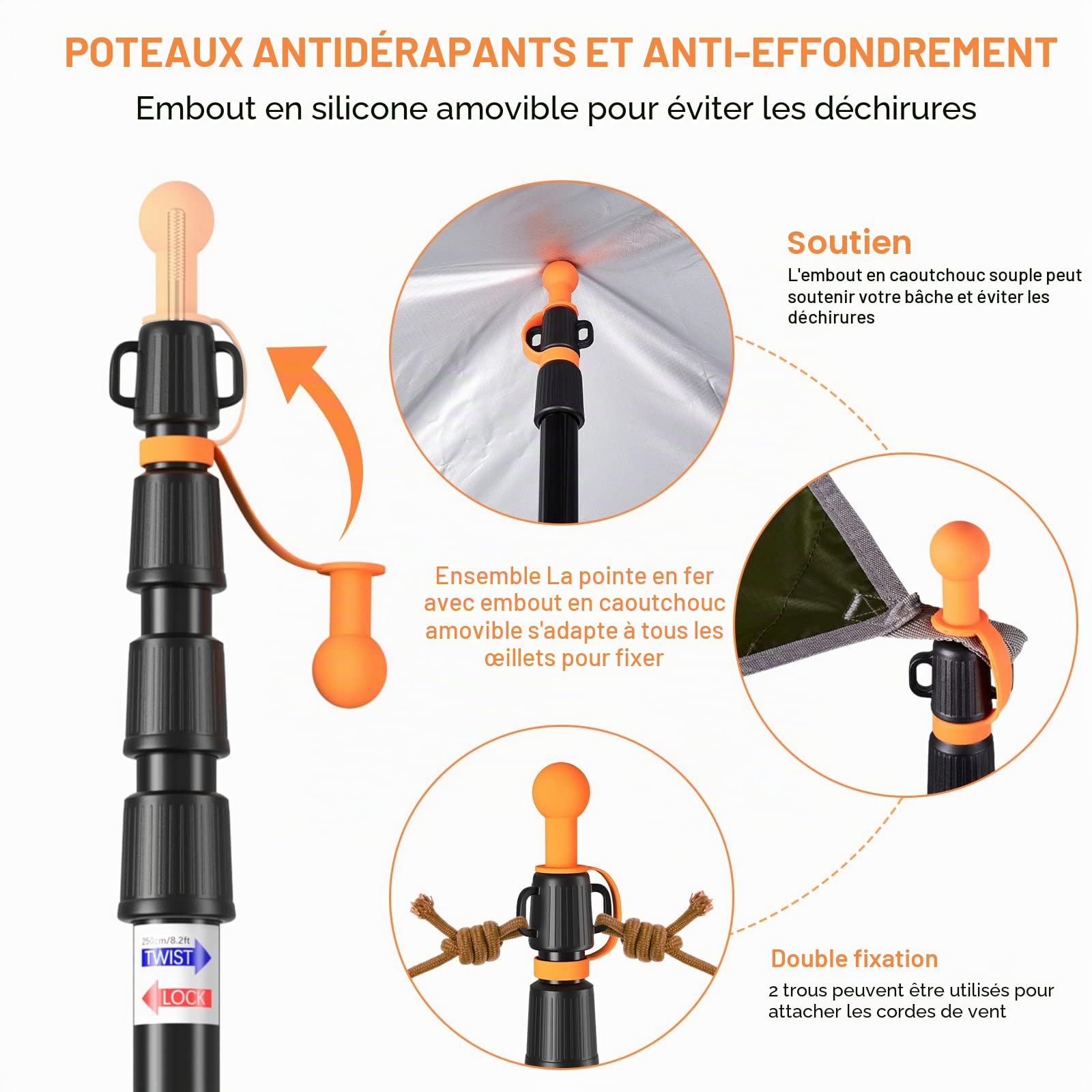 CAMULAND Barres de bâche, Poteaux de Tente Robustes Poteaux de Tente en Aluminium avec Fond Conique antidérapant, Poteaux de Tente télescopiques ajustablespour Camping, randonnée, hamac