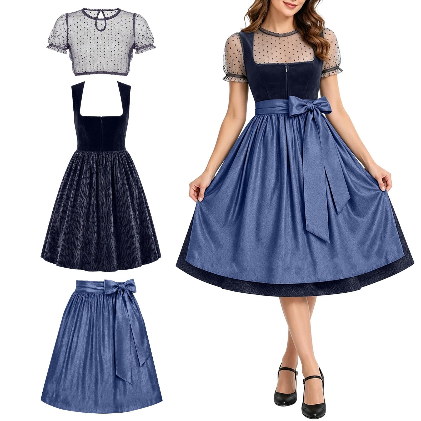 2026 Dirndl Damen 4 Teiliges Dirndelkleider Knielang Dirndel Kleid mit Schürze Trachtenkleid Elegante Dirndlkleid und Dirndlschürzen für Oktoberfest Besondere Anlässe Trachtenmode Trachten Outfit