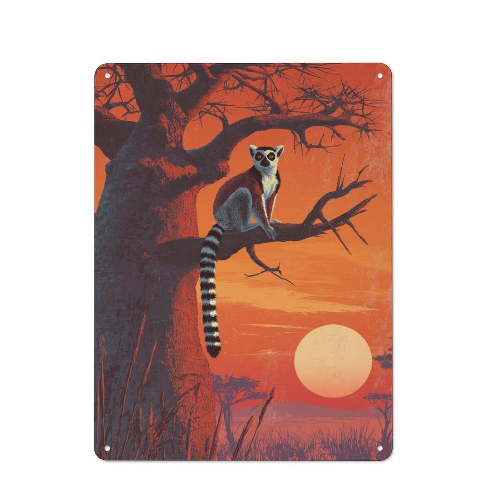 Junmoney Ring-Tailed Lemur Sunset Vintage Tin Sign 40X30cm, Rustic Bistro Wall Plaque For Kitchen, Cafe, Pantry Or Dining Room