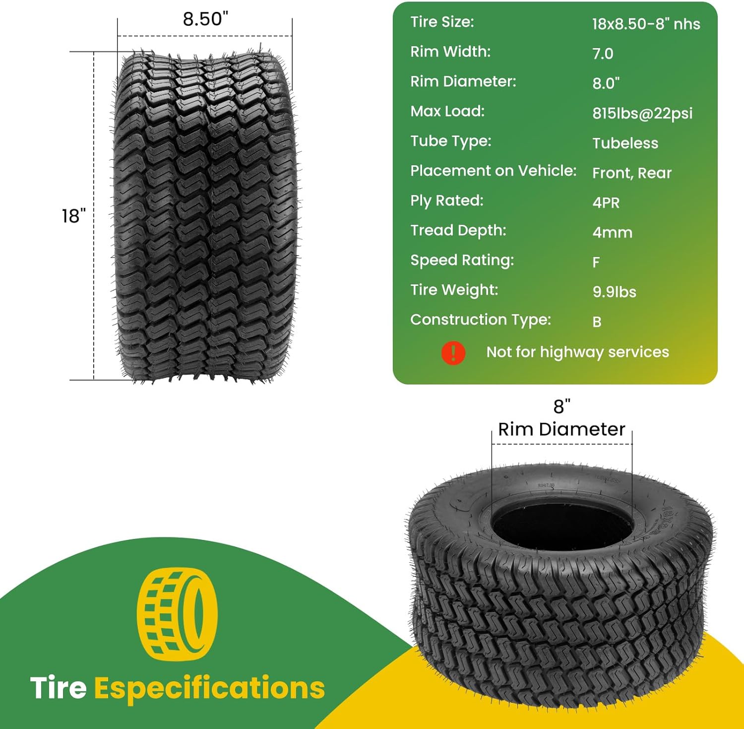 18x8.50-8 Lawn Mower Tire,18x8.50x8 Lawn Mower Tires Set of 2, 4-Ply Tubeless Turf Tires for Zero Turn Mower/Golf Cart/Tractor, Heavy Duty 18x8.5-8 Tires with P332 Tread, Max Load 815LBS