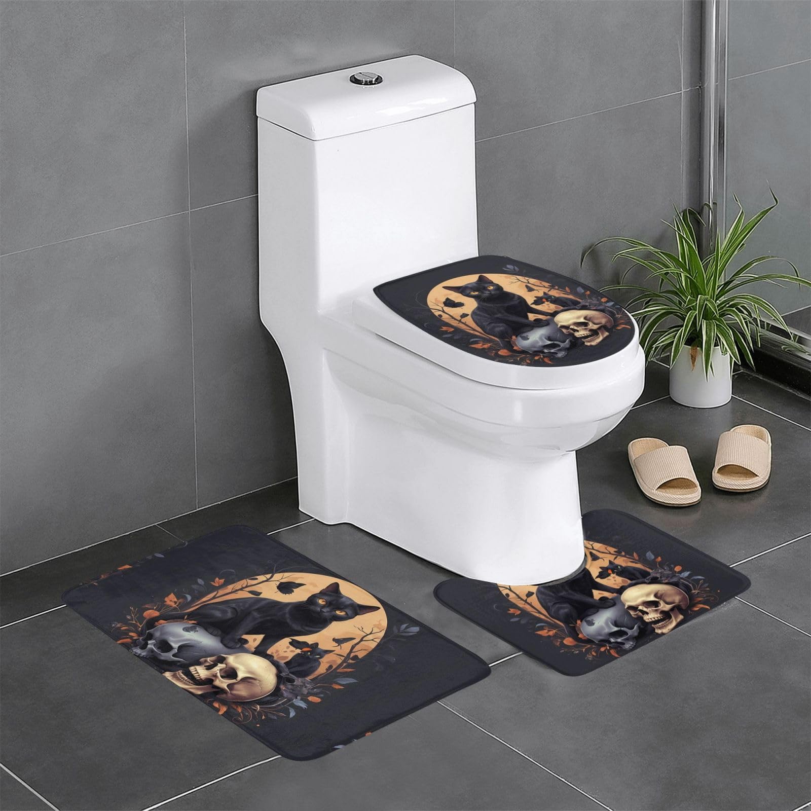Tapis de salle de bain chat noir déco tête de mort pour coiffeuse et wc