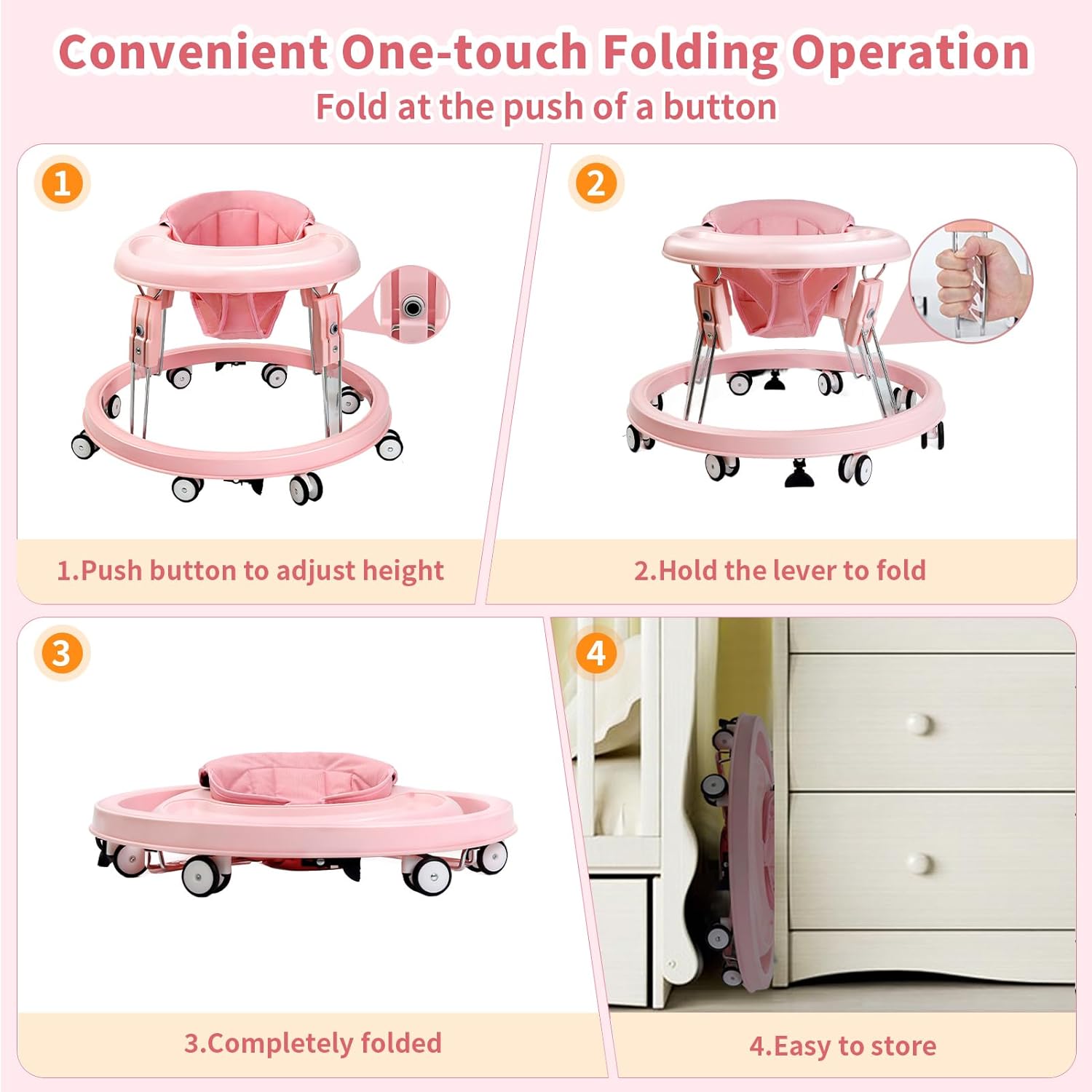 Baby Walker with Wheels, One-Touch Folding Portable Baby Walkers with Height Adjustment, Large Dinner Plate and Brake, Walker for Baby Boy Girls 6-18 Months, Full Pink