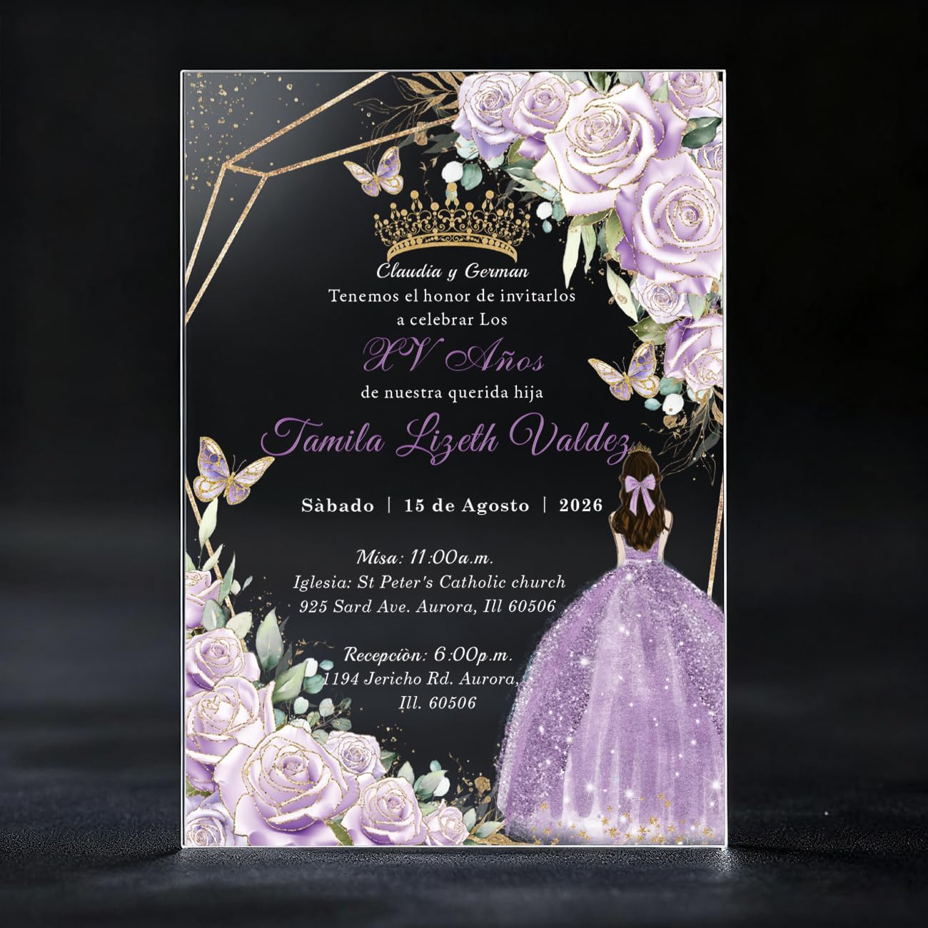 Hosmsua 20Pcs Quinceanera Acrylic Invitation with Purple Floral Butterfly Princess, Personalized 5x7 Acrylic Glass Invitation Cards with Envelopes for Mis Quince, Sweet 16, XV Anos, 15 Anos