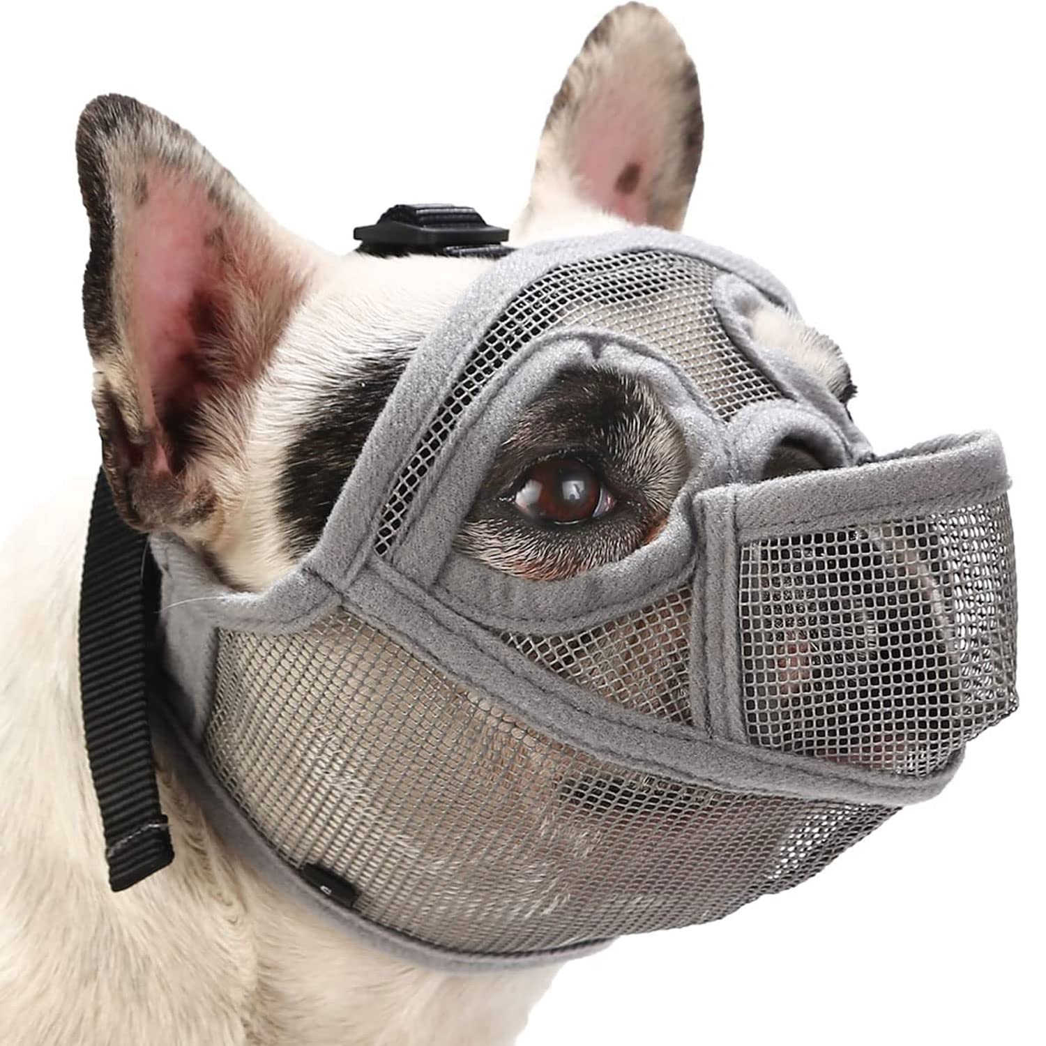 Excefore French Bulldog Muzzle for Short Snout Dogs - Adjustable Breathable Mesh With Tongue Out Design for English Bulldog, Flat Face Breeds - Biting, Chewing, Grooming Prevention, Size: S
