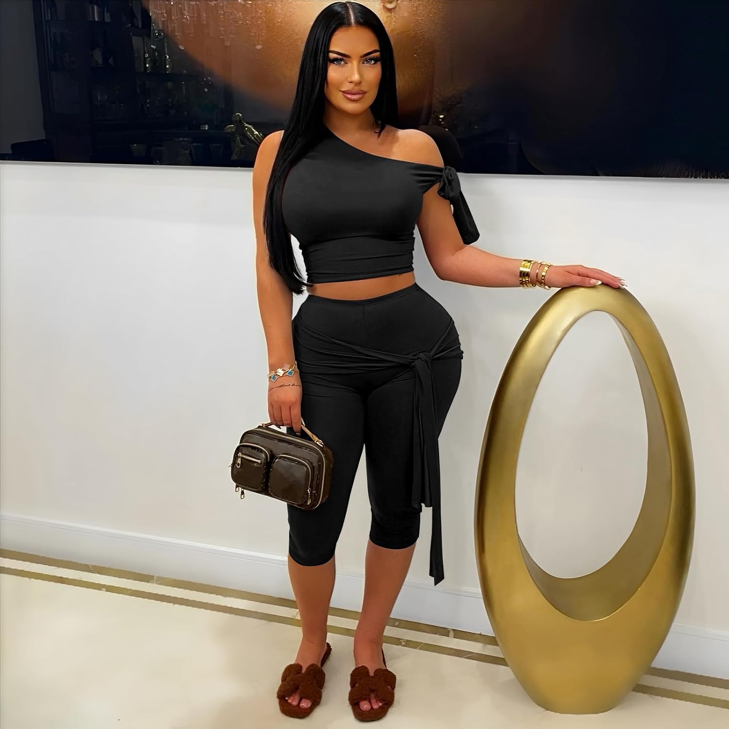 Elainone Capri Sets Women 2 Piece Outfits Sexy One Shoulder Sleeveless Crop Tops Bodycon Pant Sets - Image 2