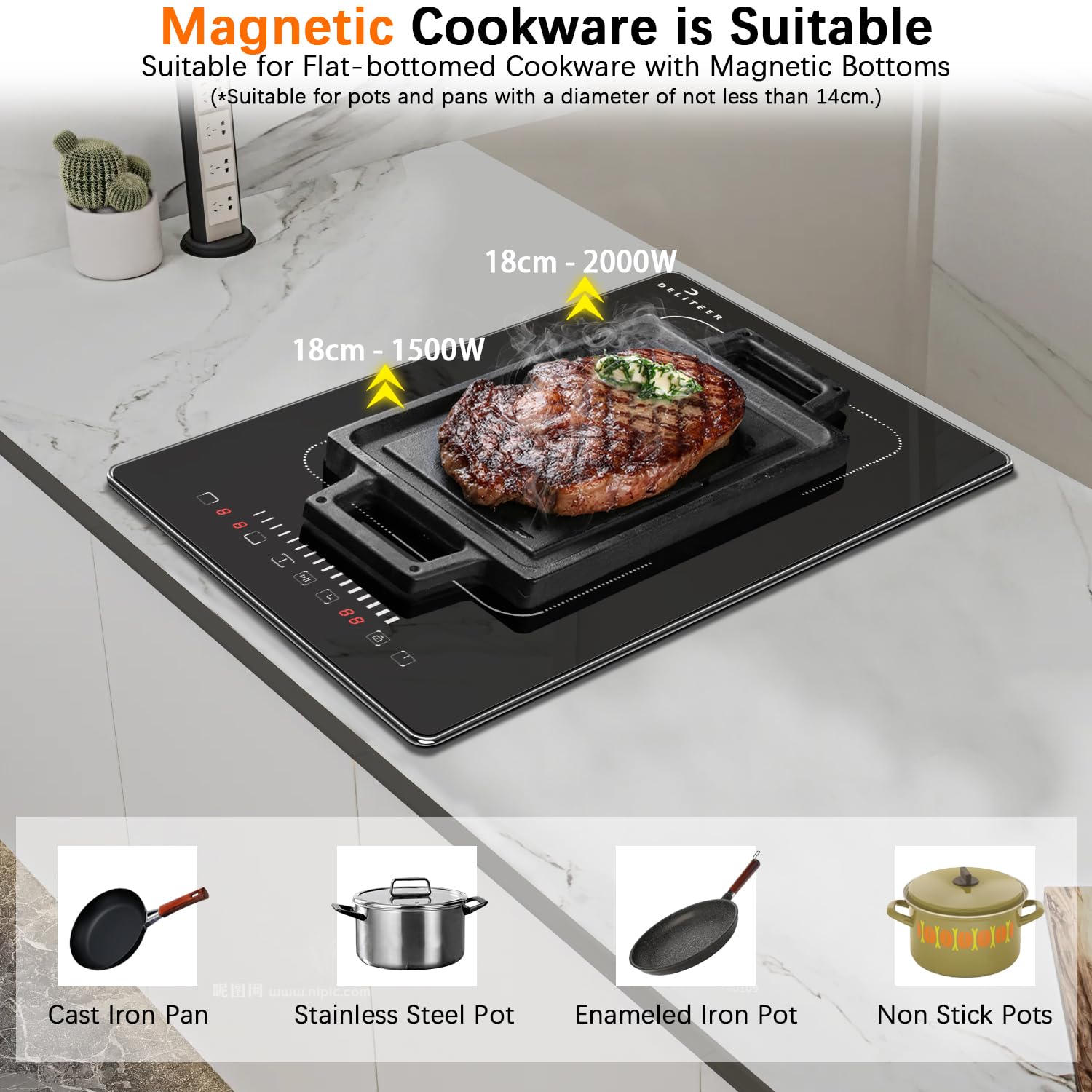 DELITEER, Piano Cottura a Induzione 2 Piastre con Spina, Piano di Cottura da Incasso con Cornice, 3500W, Controllo del Cursore, Zona Flessibile per il Grill, Blocco Bambini, 9 Livelli di Potenza