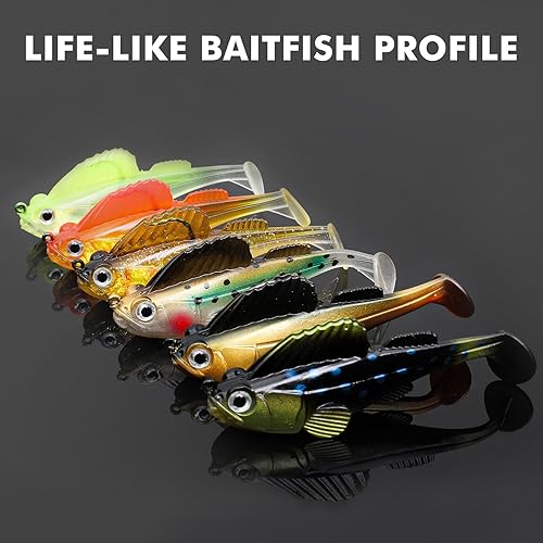 Miniatura 6 de Gotour Weedless Soft Fishing Lures for Freshwater and Saltwater, Premium Pre-Rigged Jig Head Paddle Tail Swimbaits for Bass Fishing，Jigs Fishing