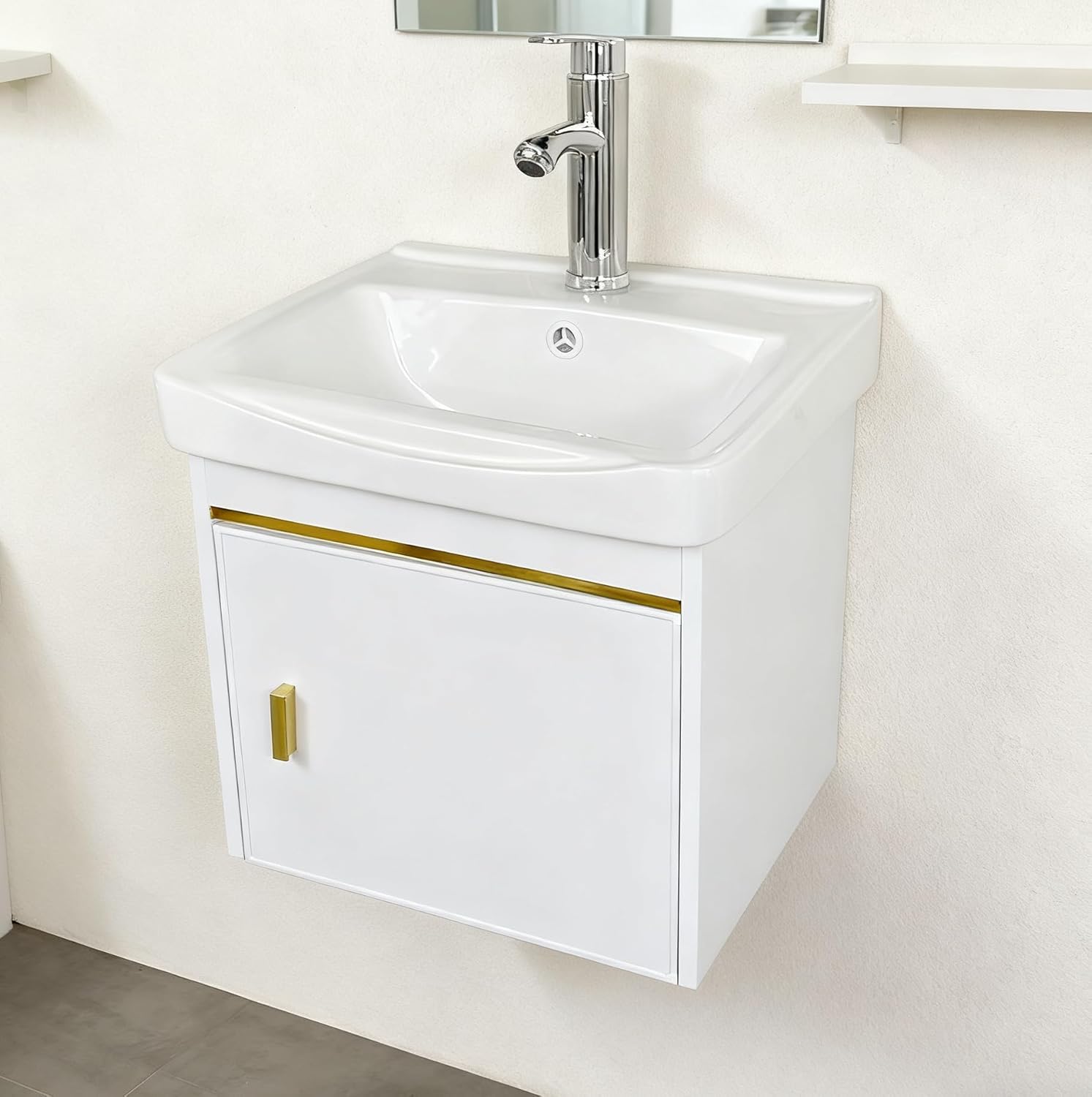 17-inch Wall-Mounted Compact Bathroom Vanity with Ceramic Basin for small space, Faucet, and Complete Drainage Accessories Cabinet Set with White Top White Faucet Pop Up Drain
