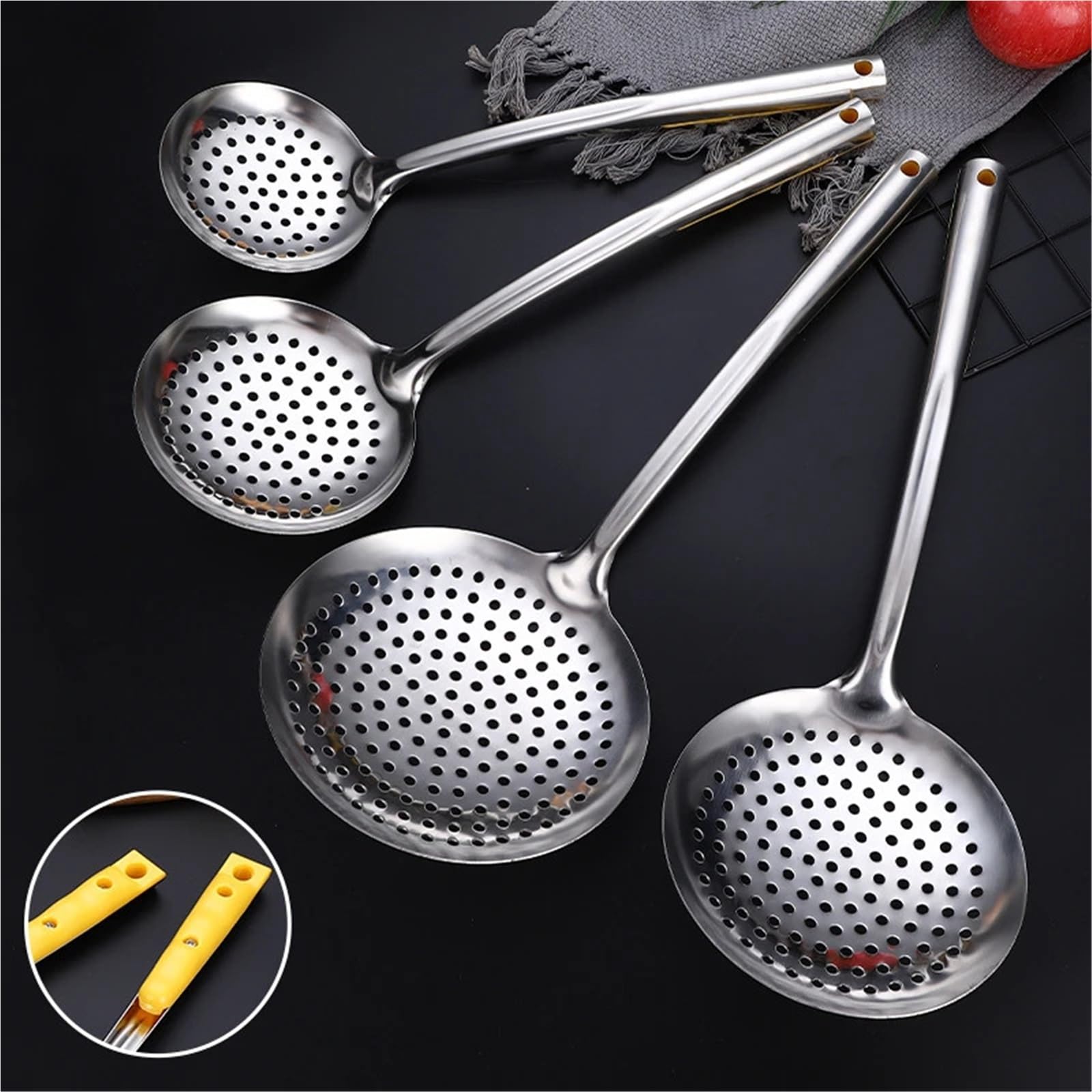 Espumadera Juego de 4 coladores Grandes de Acero Inoxidable Gruesos, cucharas filtrantes, coladores de Fideos for el hogar, separadores de Aceite, Utensilios de Cocina para Espumar