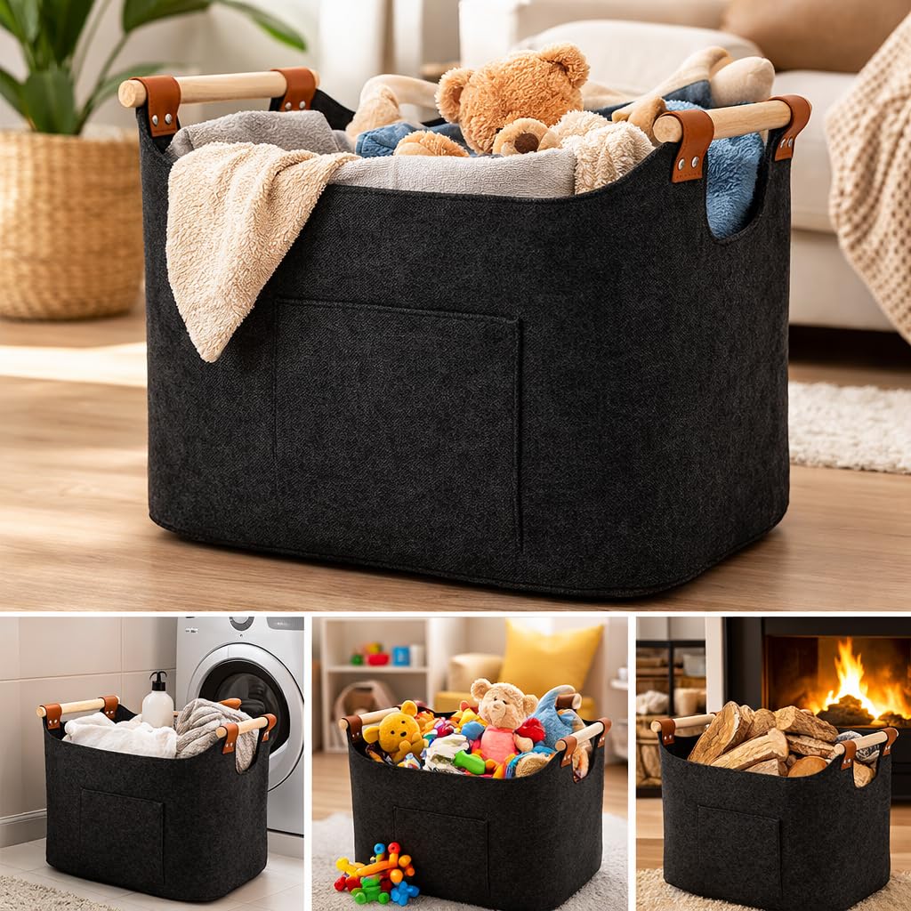 Cesta Portabiancheria XL Feltro Extra Spesso Manici Rinforzati Cesto Pieghevole Multiuso Dark Grey