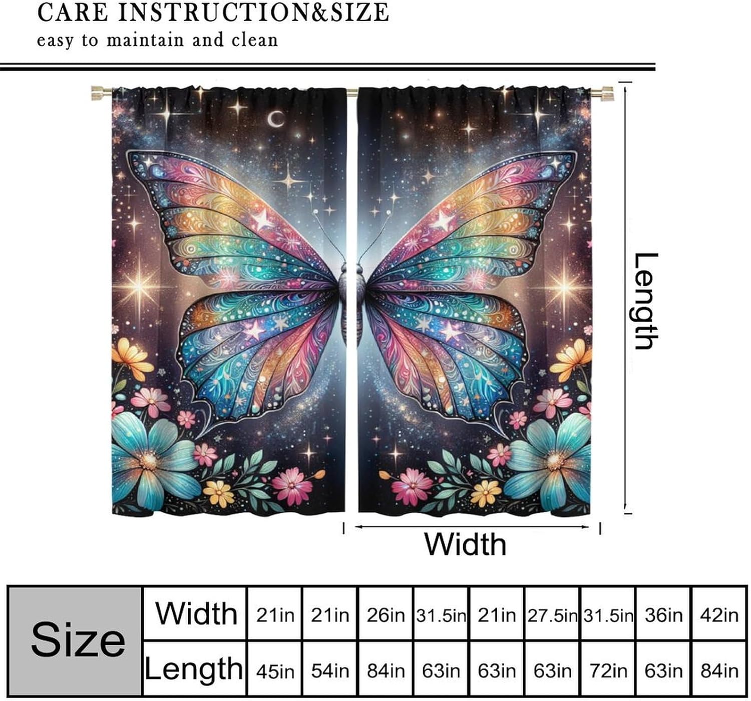 Spring Flowers Blackout Curtains Starry Sky Floral Butterfly Fantasy Scenery Printed Window Treatment for Living Room Girls Bedroom Home Decor Window Drapes 42" W X 45" L