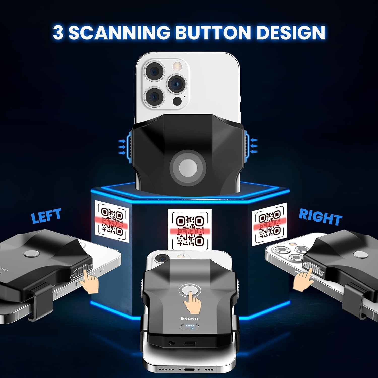 Eyoyo 2D Bluetooth Barcode Scanner, Wireless Back Clip Compatible with 4.7"–7.2" Android and iPhone, USB Rechargeable with Battery Level Indicator, Ideal for Book Library and Inventory Management