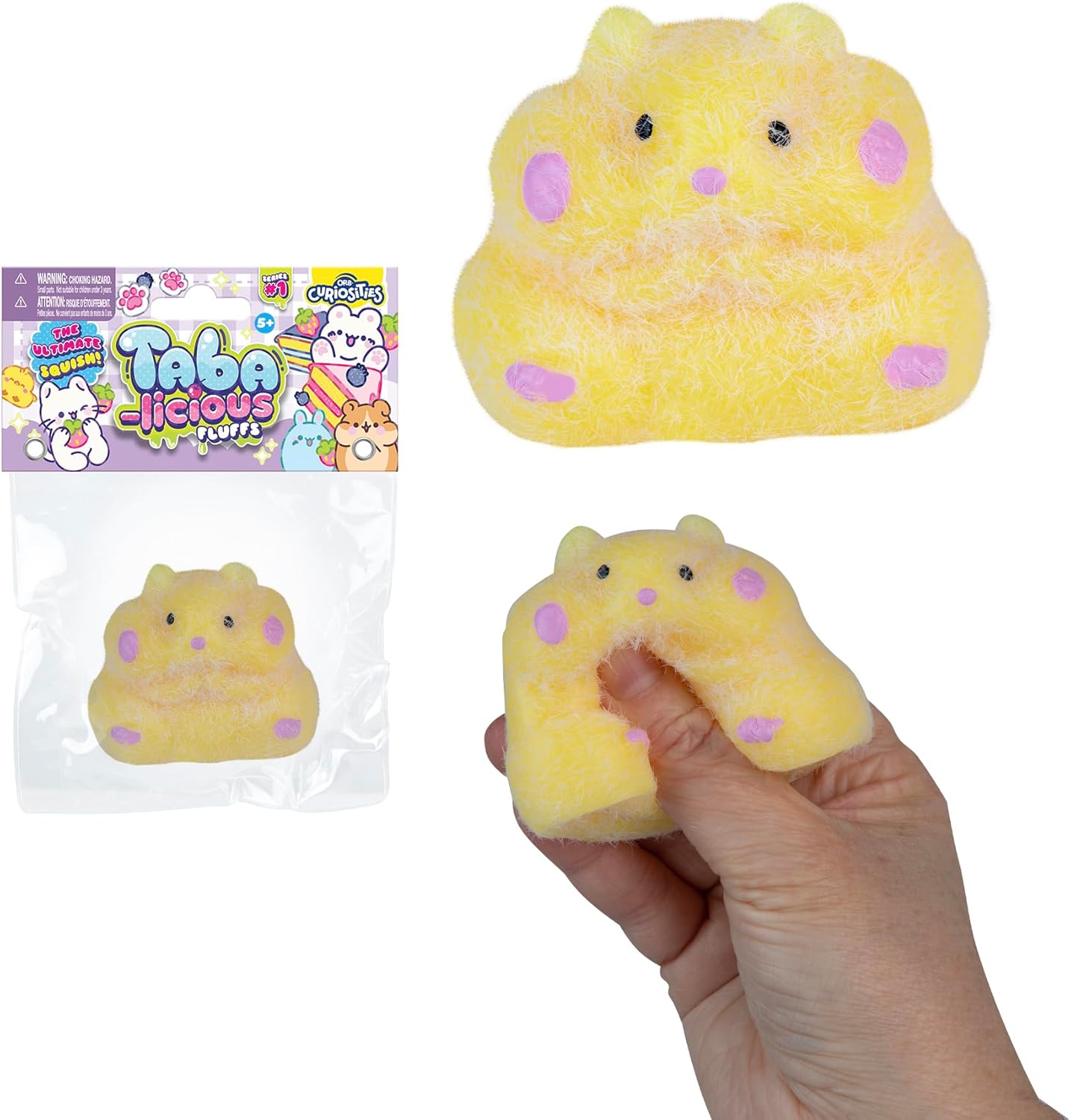 ORB Tabalicious Fluffs TABA Squishy Hamster (Yellow) - Fuzzy, Flocked, Cute Animal TABA Squishies Toys - Soft, Sticky Stress Ball Fluff Toys - Kawaii Sensory and Fidget Toys and Gifts Kids and Adults