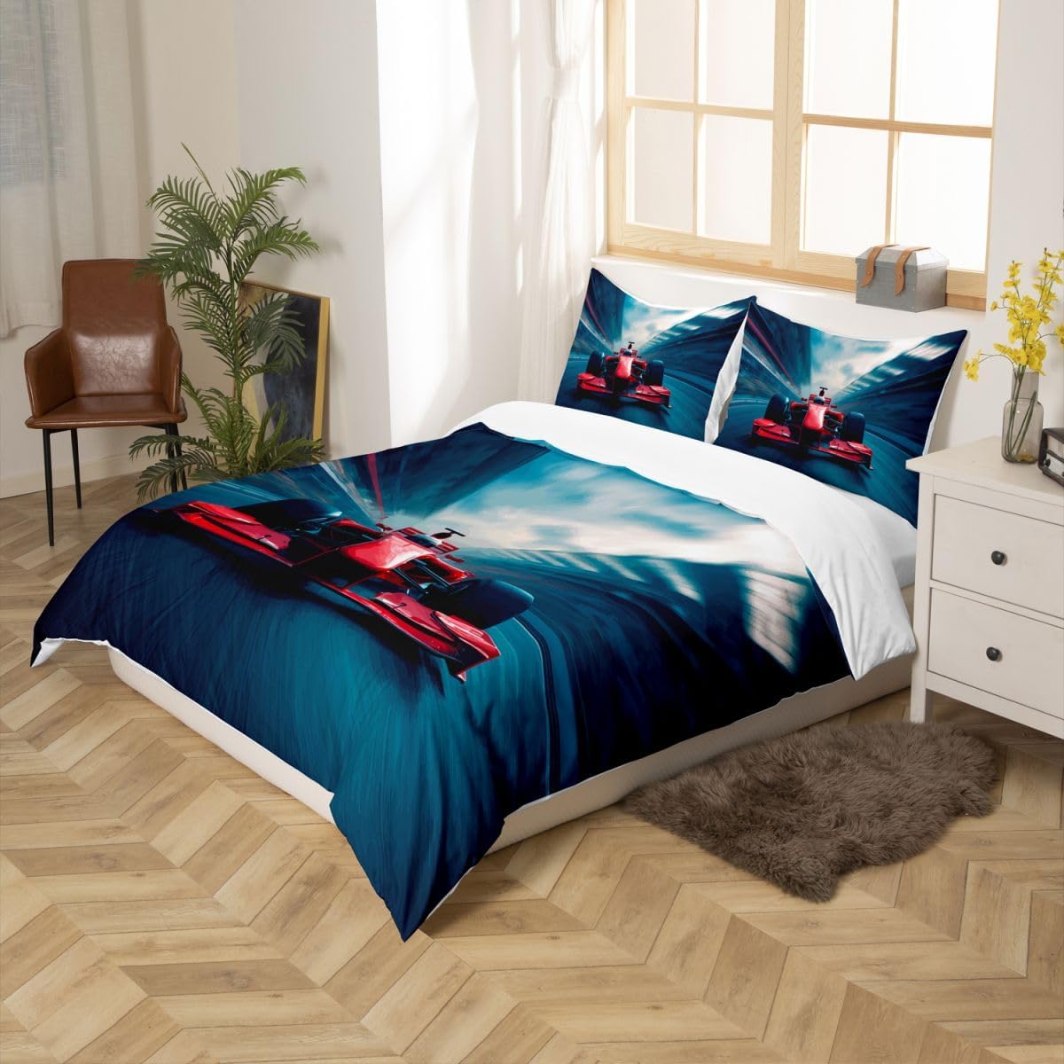 Feelyou Race Car Bedding Set Queen Size for Boys Kids Teens Men Speed Sports Car Quilt Cover Extreme Sports Theme Comforter Cover with 2 Pillowcases Automobile Soft Microfiber Zipper 3 Pcs Novely