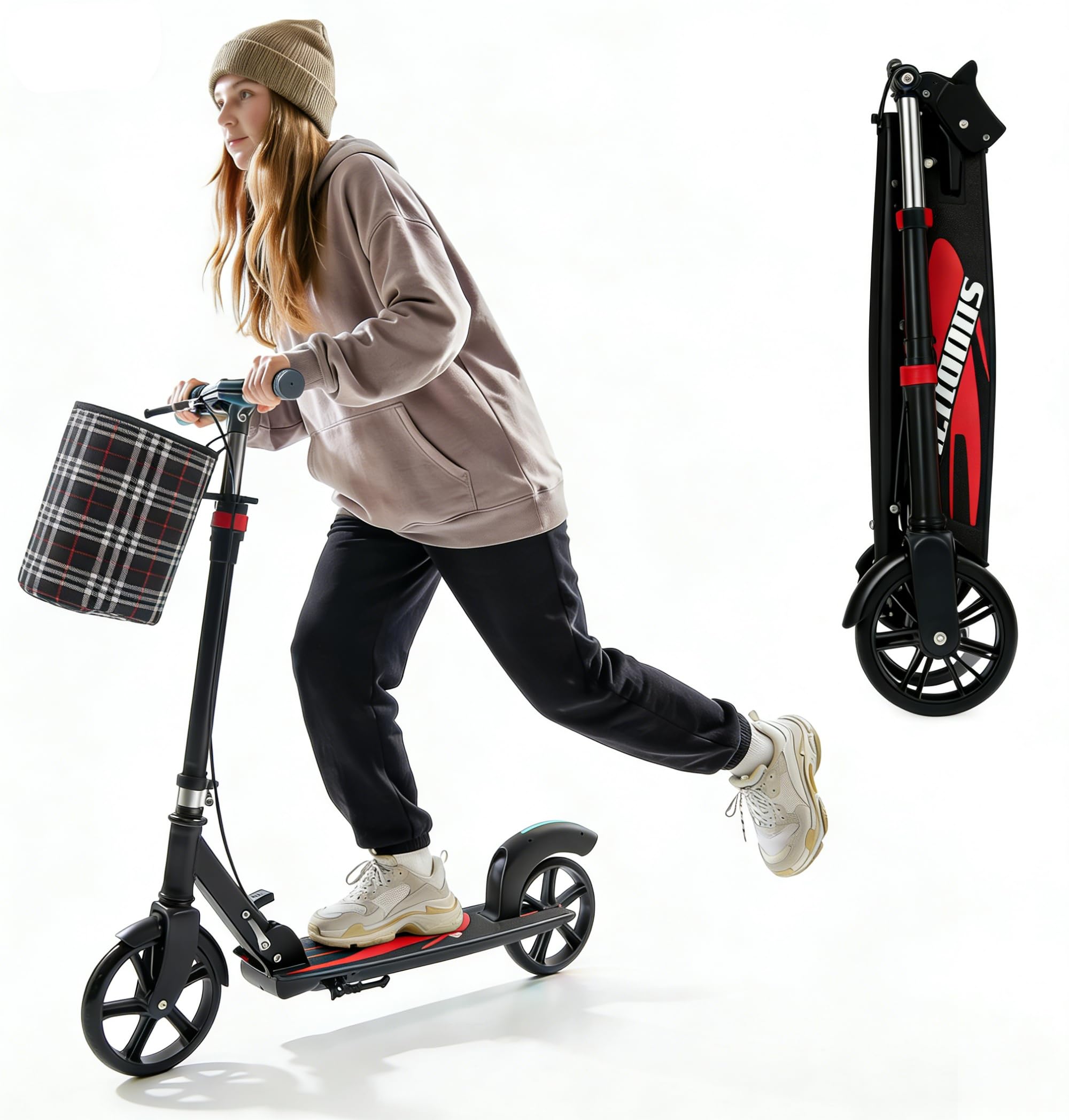 Trottinette Pliable - Réglable en Hauteur sur 4 Positions - en Acier au Carbone - avec Frein à Main, Roues de 210 mm et Sac en Tissu - Charge Maximale : 150 kg - pour Enfants, Adolescents et Adultes