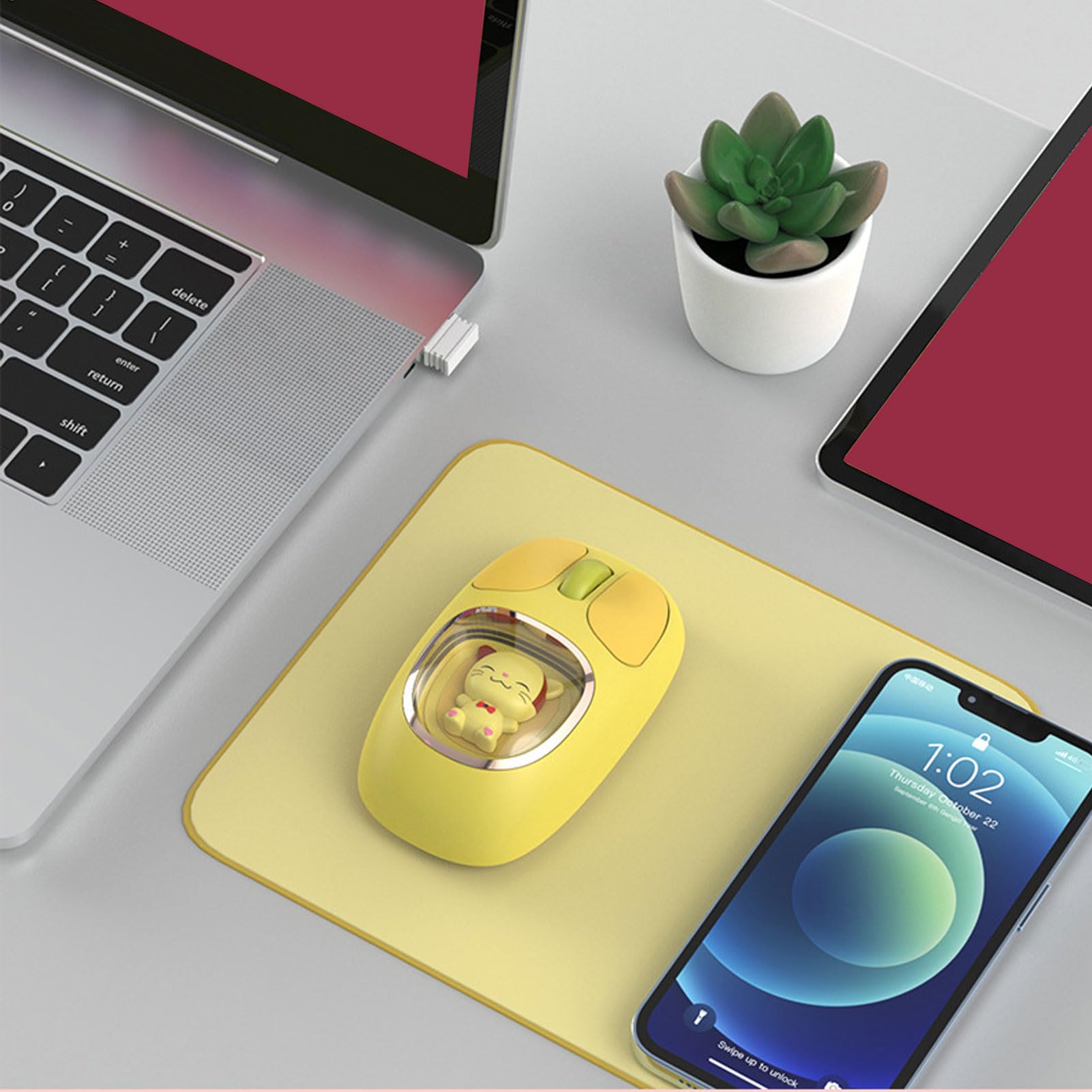 Souris sans Fil, 2,4g BT3.0 BT5.0 Souris D'ordinateur Portable Rechargeable avec Design Silencieux, Forme Ergonomique, Rétro-éclairage RGB, Conception de Poupée Mignonne (Yellow)