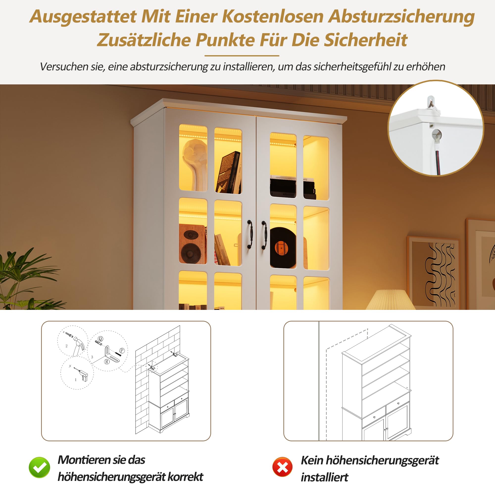 Vitrine Glasvitrine Stehend mit LED Licht und 2 Glasgittern, Vitrinenschrank Highboard mit 5 Etagen, Wohnzimmerschrank Bücherschrank mit Trennwand, Schrank Weiß, Wohnzimmer Möbel, 80x38x180 cm
