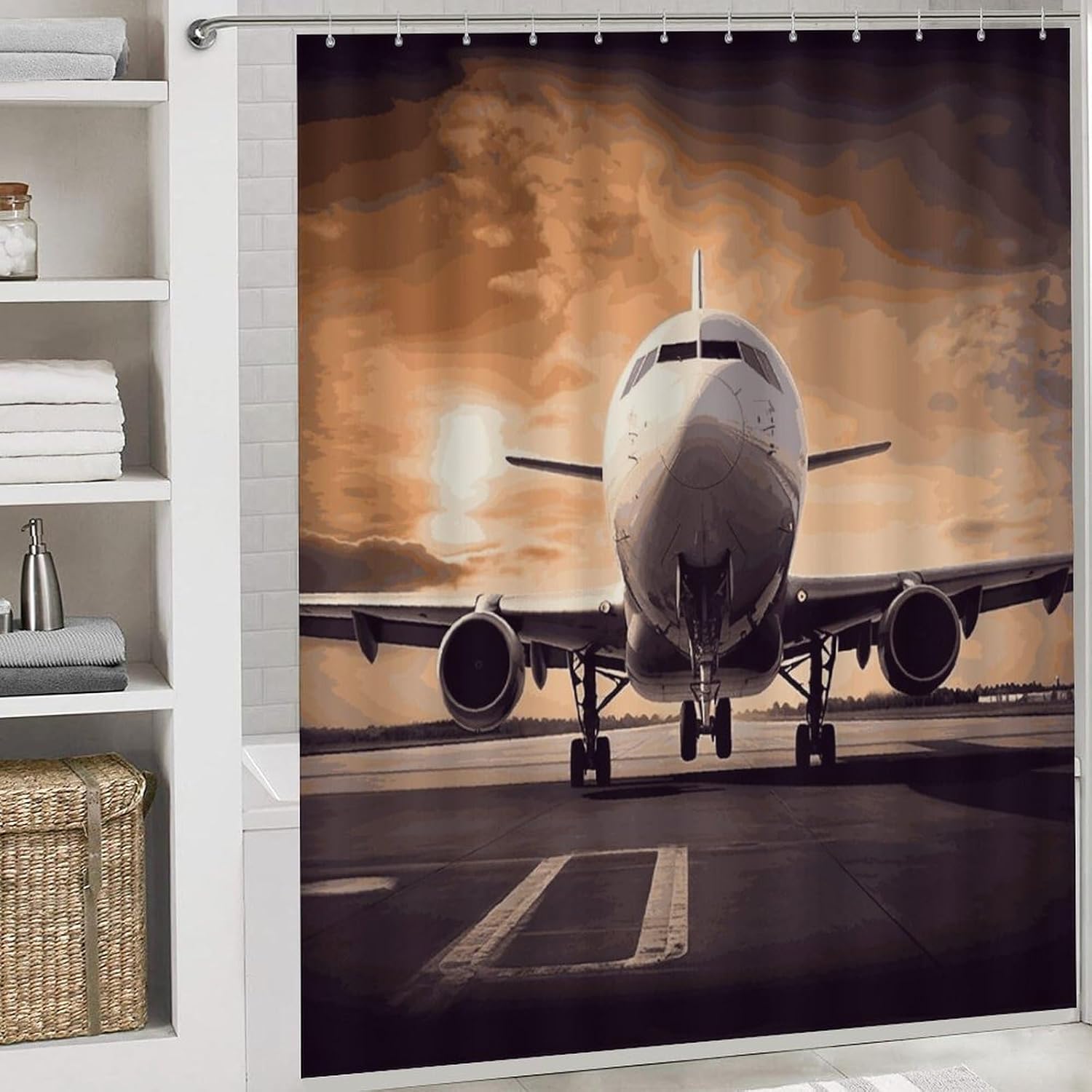 椅子木製風呂の通販 | 洗顔・バスグッズの価格比較ならビカム ウメザワ 風呂 飛行機 バスルームシャワーカーテン4点セット バスルーム装飾セット 滑り止めラグ トイレ蓋カバー バスマット バスルームシャワーセッ