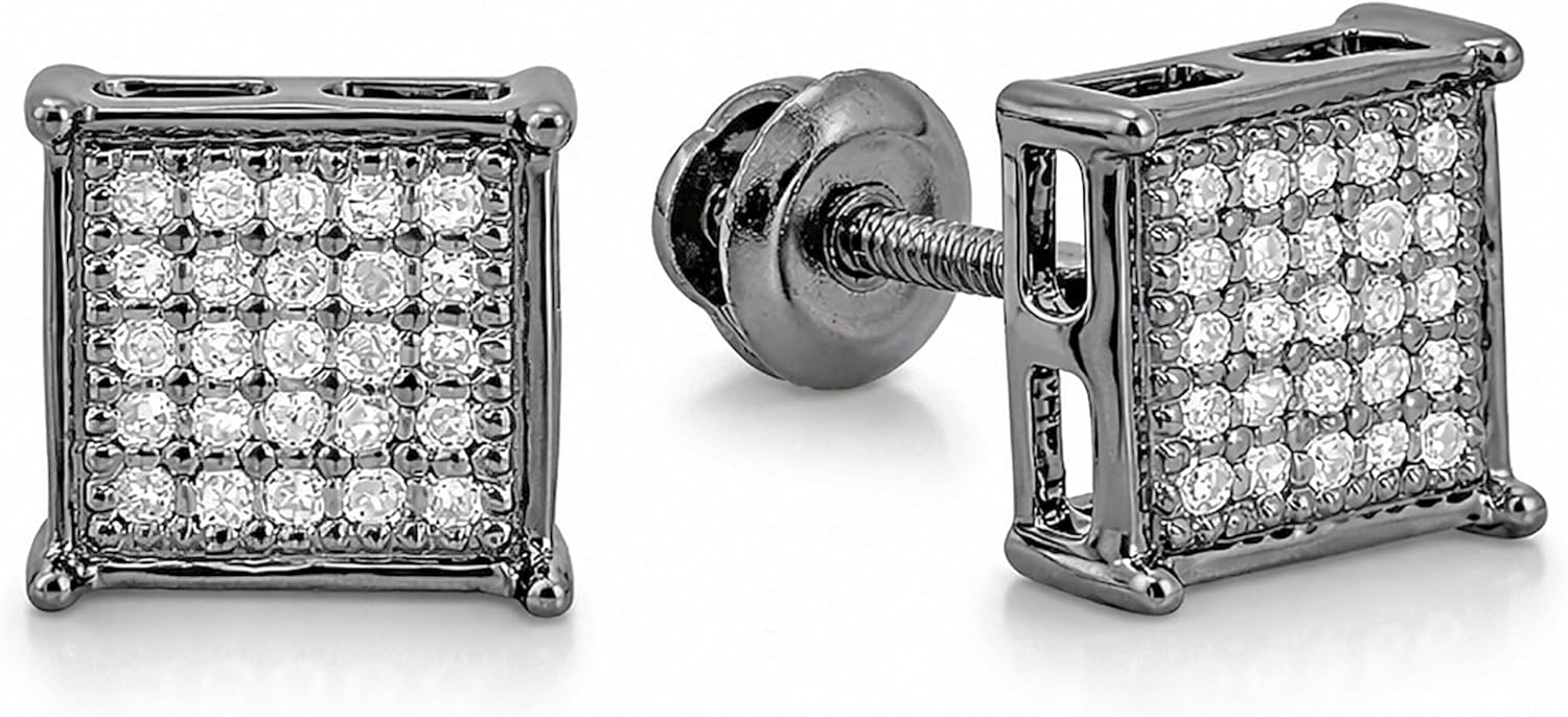 Dazzlingrock Collection 0.15 Carat (ctw) Black Plated Round White Diamond 5.30mm Square Hip Hop Micro Pave Studs, Screw Back, Unisex Design Ladies, Mens Real Diamond Earrings
