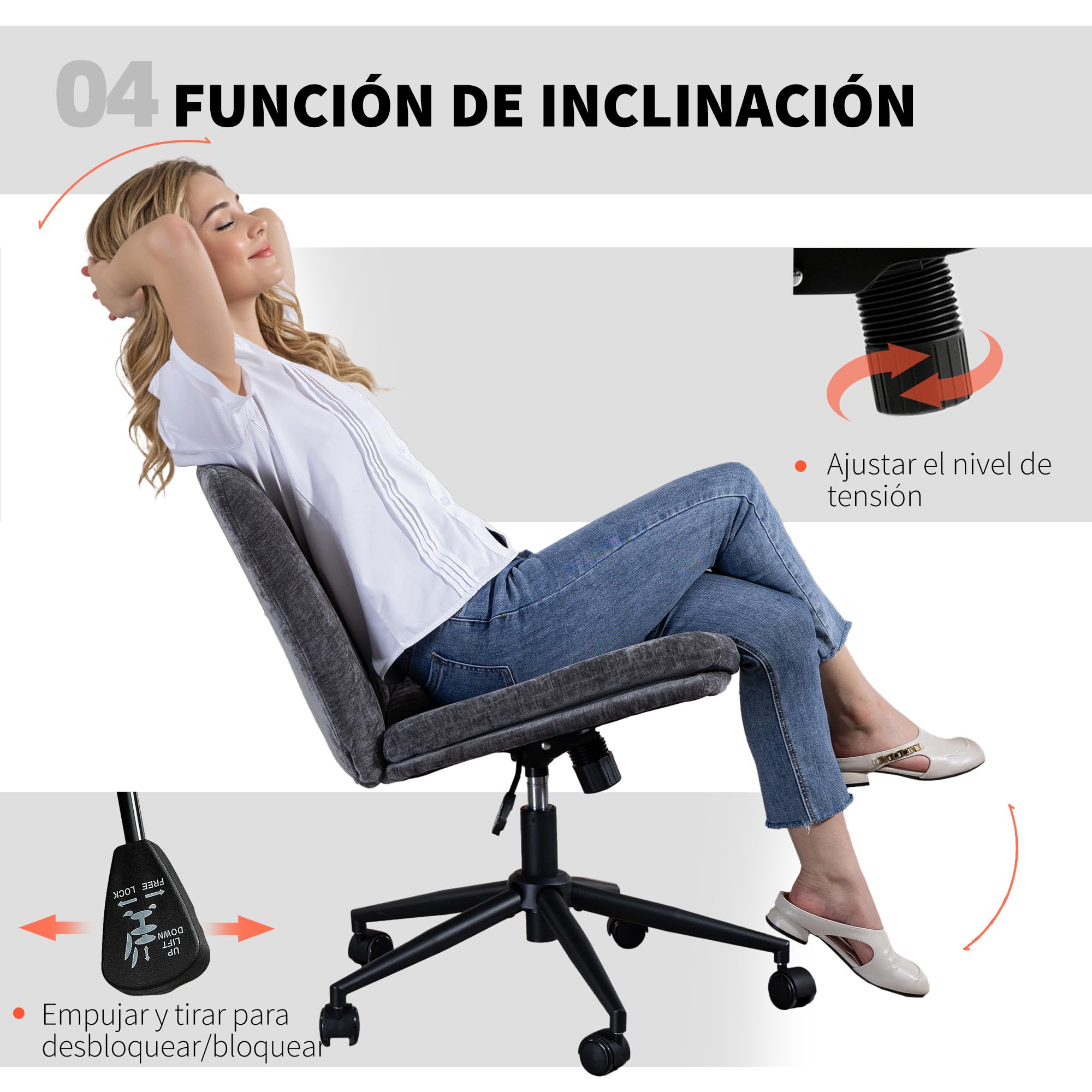 HOMCOM Silla de Oficina Piernas Cruzadas, Ruedas, 62x67x83-93 cm, Gris | Silla de Escritorio, Asiento Ancho, sin Reposabrazos, Altura Ajustable, Giratoria, Función Basculante, Tapizada en Chenilla