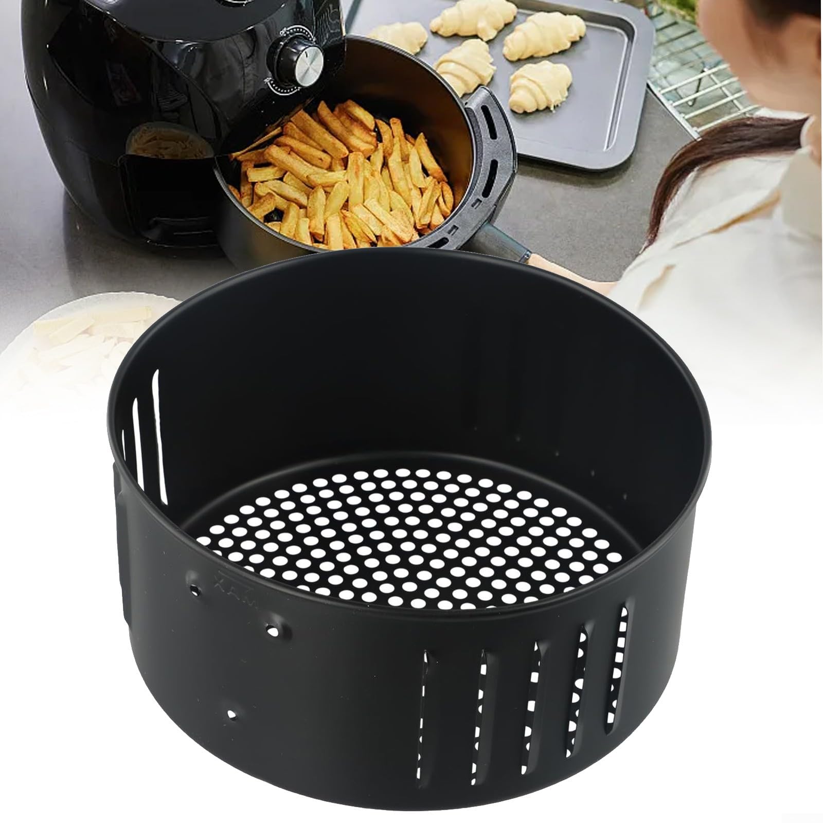 Cestello per friggitrice ad aria in ghisa, cestino rotondo per massimizzare la superficie di cottura della friggitrice ad aria e preparare cibi deliziosi (3,5 L)