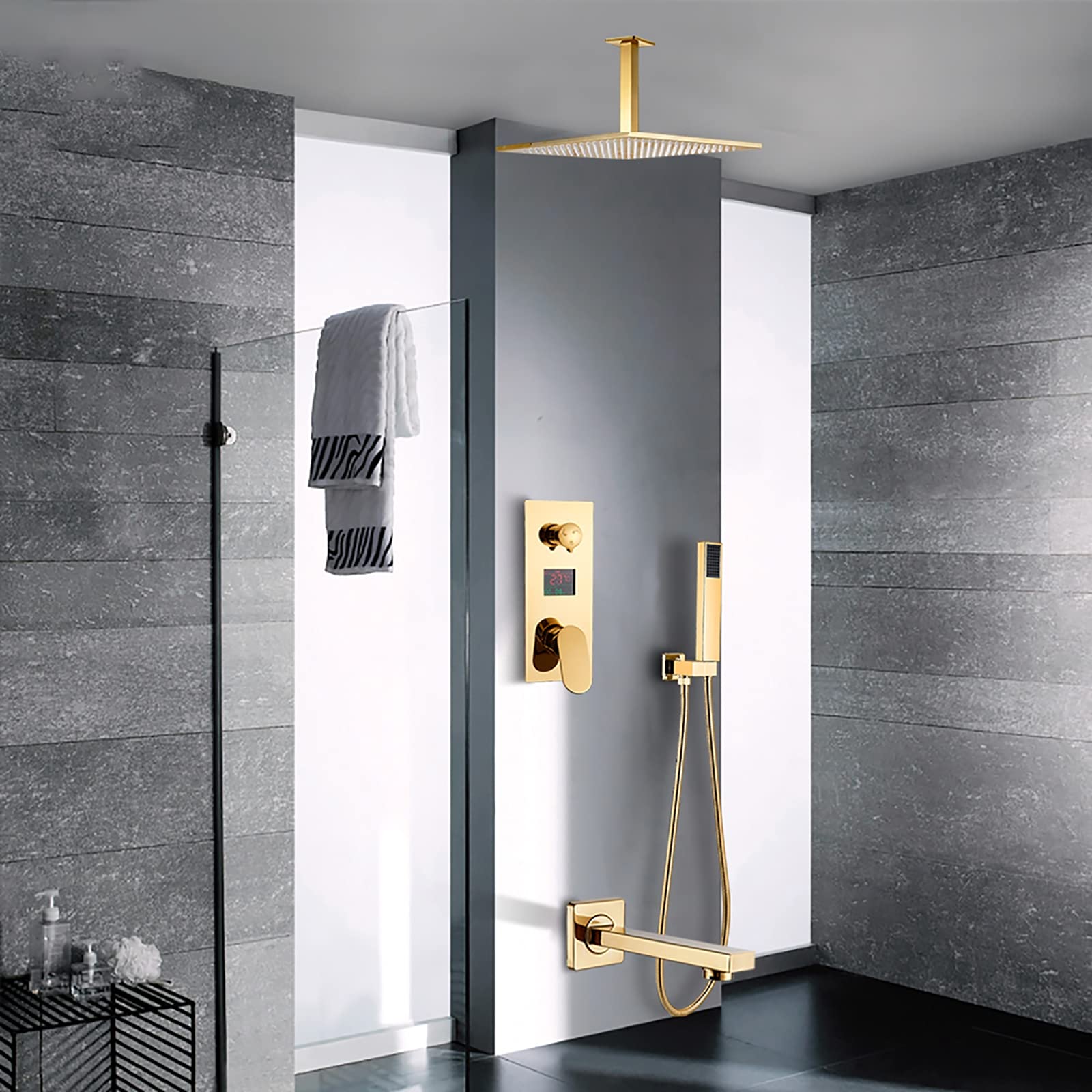 Sistema doccia a pioggia Gold Display Digitale Bagno Rubinetto Set, Ottone Pioggia Miscelatore Doccia con Soffitto Montato Soffitto, Doccia Palmare e Vasca Beccuccio