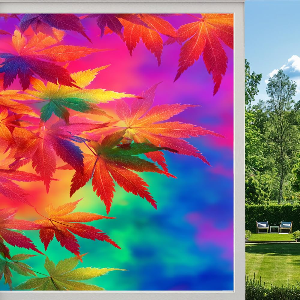 Pmlbaous Rustic Maple Leaf Privacy Window Film, Colorful Autumn Leaves Rural Frosted Self-Adhesive Vinyl Cling For Glass Doors Bathroom Windows Sun Blocking Heat Control, （55X100cm）