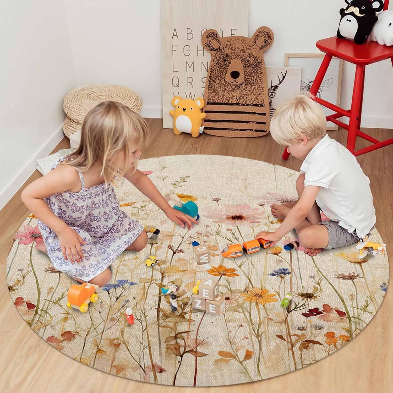 Botanical Wildflower Round Area Rug 5ft,Washable Carpet Runner Rug for Bedroom,Kitchen,Bathroom,Living/Dining/Laundry Room,Office,Area+Rug Large Bath Door Floor Mat Retro Colored Spring Floral Herb