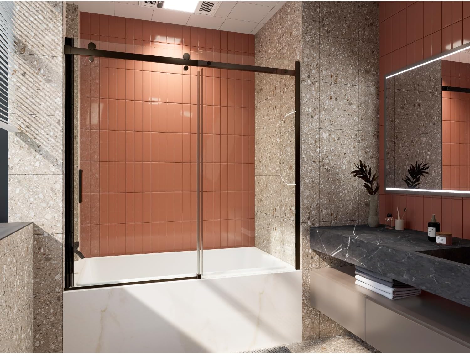 56-60 in. W X 58 H Mod Semi-Frameless Sliding Bathtub Door in Matte Black with 8Mm Clear Glass