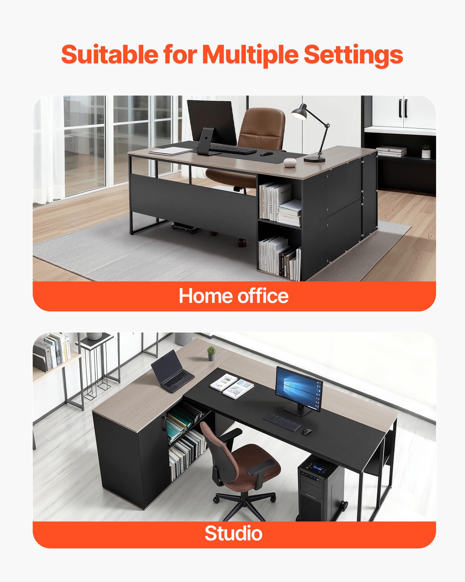 VEVOR Escritorio Ejecutivo en Forma de L, Amplio Escritorio Moderno con Cajones, Armario de Almacenamiento y Soporte para CPU, Madera, Soporta hasta 158,7 kg, para Trabajar, Estudiar y Escribir