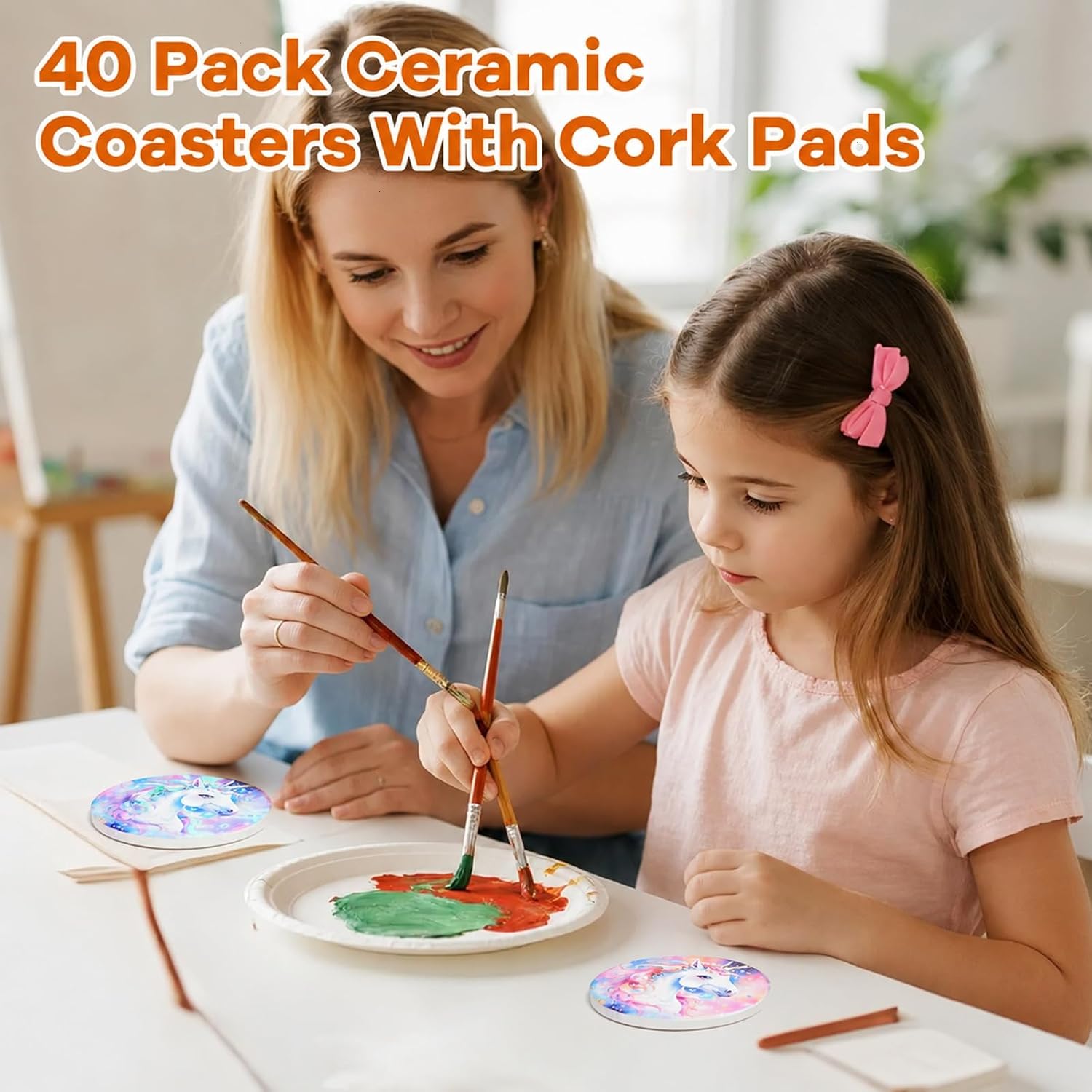 40 Pcs Ceramic Tiles for Crafts White Ceramic Coasters for Crafts Blank Unglazed Ceramic Tile for Painting, Alcohol Ink, Acrylic Pouring, DIY Coaster, Cork Backing Pads Included, 4x4 in