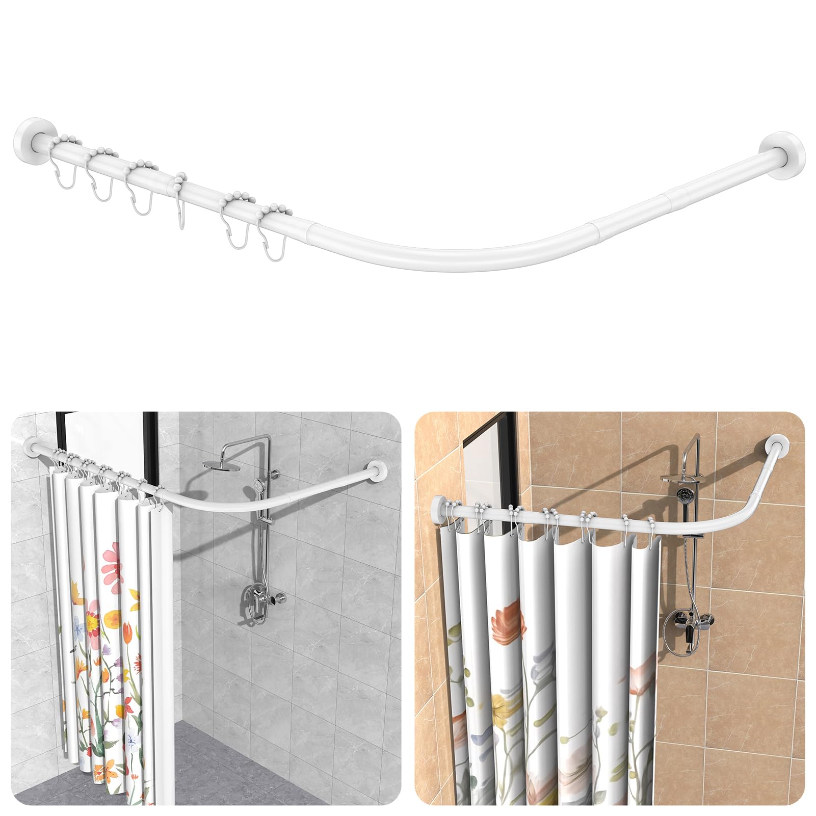 Shower Curtain Rod, L Shaped Shower Rods, Stainless Steel Corner Shower Rod 37-49 × 37-49 inch, Free 24 Rings, No Driilling Install, for Bathroom, Clothing Store, Private space - White