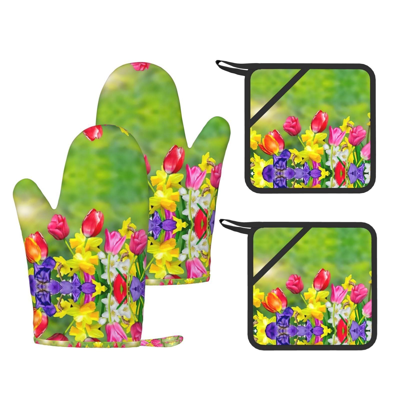 Flowers Trendy Printed Kitchen Set with Heat Resistant Gloves & Non-Slip Hot Pads for Baking & Grilling