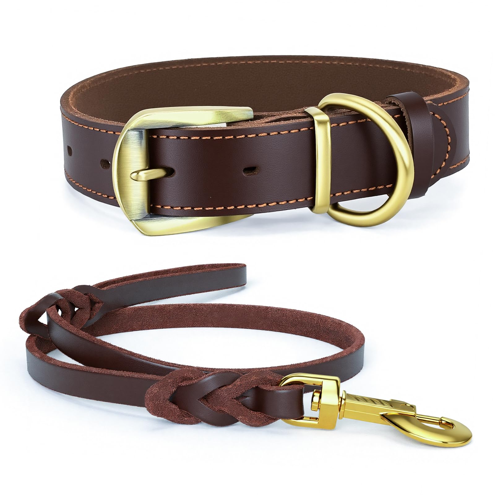 Echtleder Hundehalsband und Hundeleine Set - XL Halsband & 76cm robuste Lederleine - Verstellbar, Langlebig & Komfortabel für kleine, mittelgroße und große Hunde - Klassisches Design