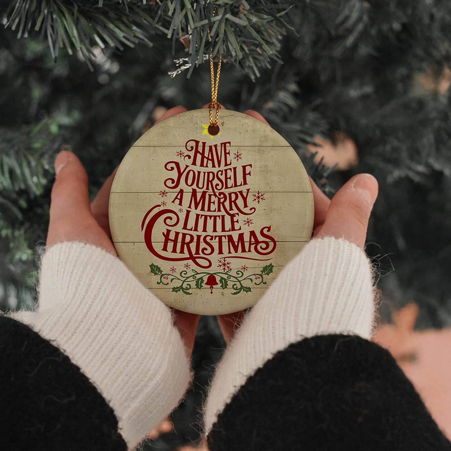 Have Yourself A Merry Little Christmas Tree Ceramic Ornaments, Farmhouse Vintage Hanging Round Holiday Ornament Decor, Rustic Winter Gifts Keepsake for Women Car Window Decorations 3in - Image 2