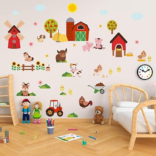 PLIGREAT 2 hojas de calcomanías de pared de animales de granja, dibujos animados, vaca, cerdo, granja, casa, decoración para dormitorio, sala de
