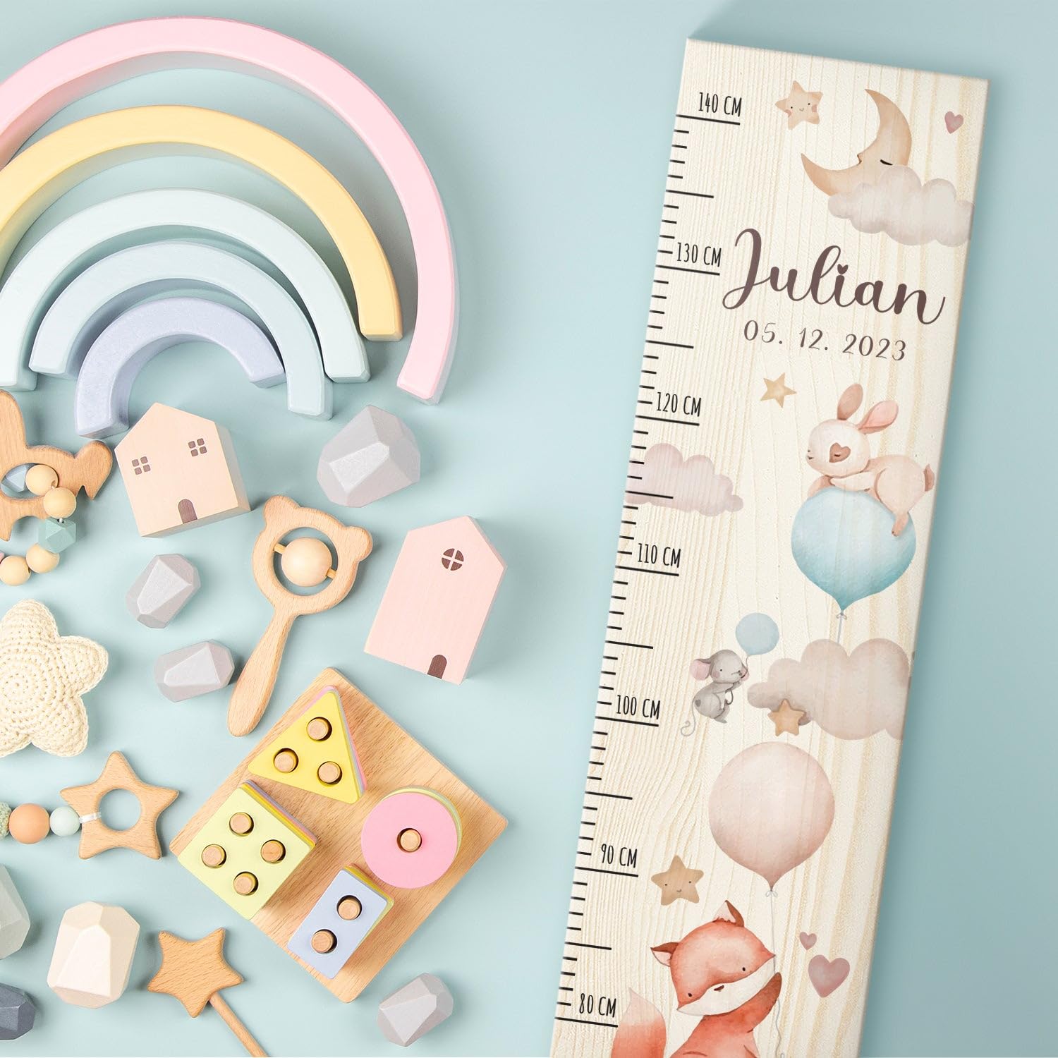 Metro per bambini in legno Palloncino Personalizzato 80-140 cm 20x70x2 cm Regalo nascita ragazze