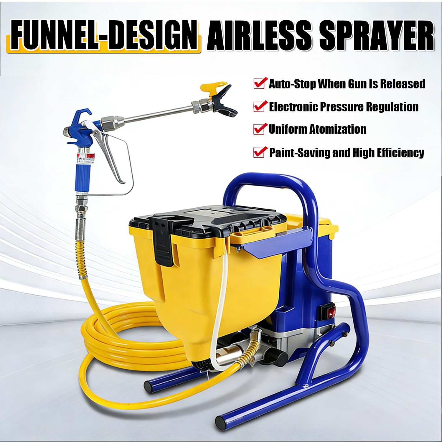 Airless farba natryskowa, 850 W Power Painter z ciśnieniem 20 MPa, natężenie przepływu 2,1 l/min, zbiornik o pojemności 4,5 l, wąż wysokociśnieniowy 13,0 m, regulowane ciśnienie