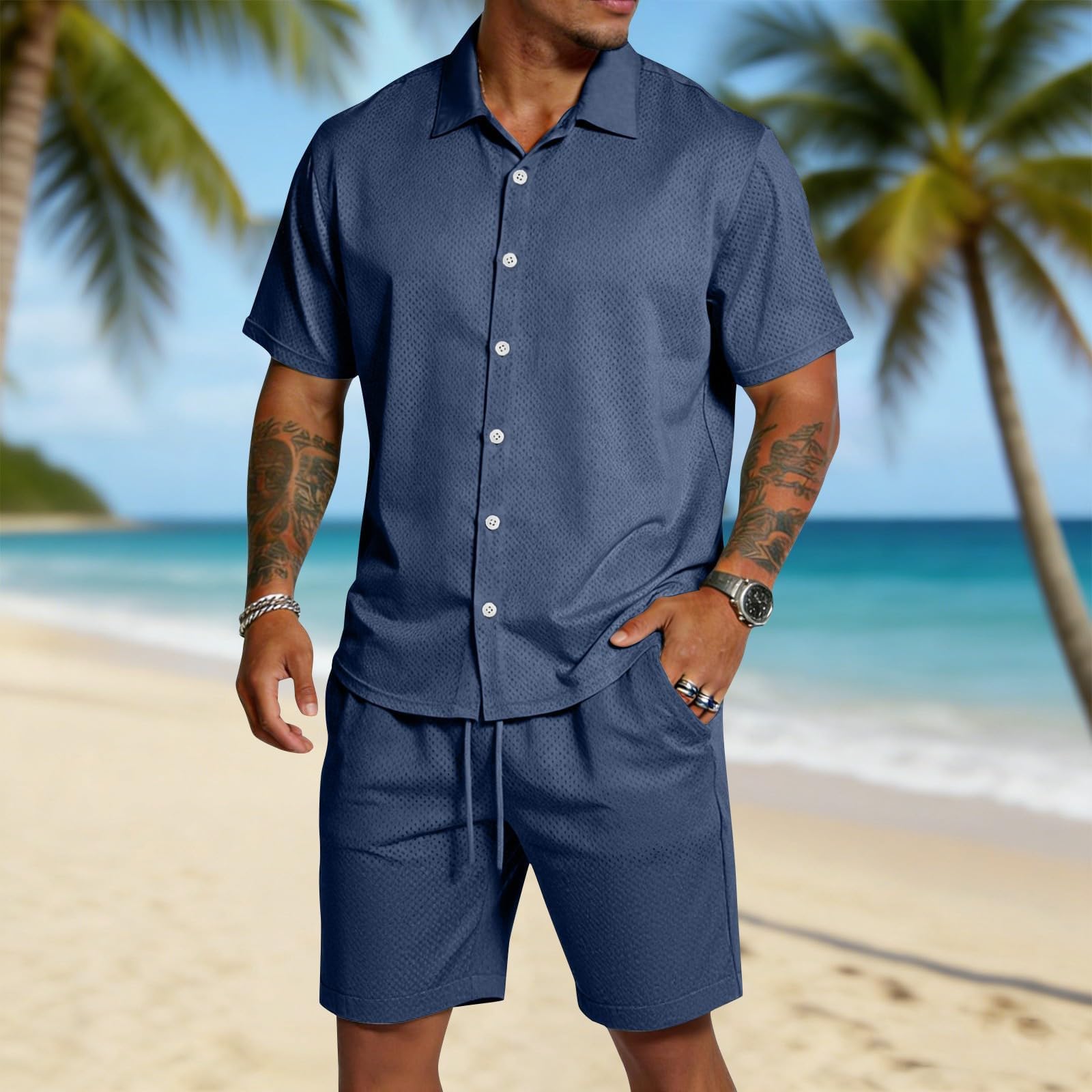 Ensemble Homme Ete Chic, SurvêTements Homme Short en Maille à Manches Courtes Ensemble Deux PièCes DéContracté pour La Plage en éTé