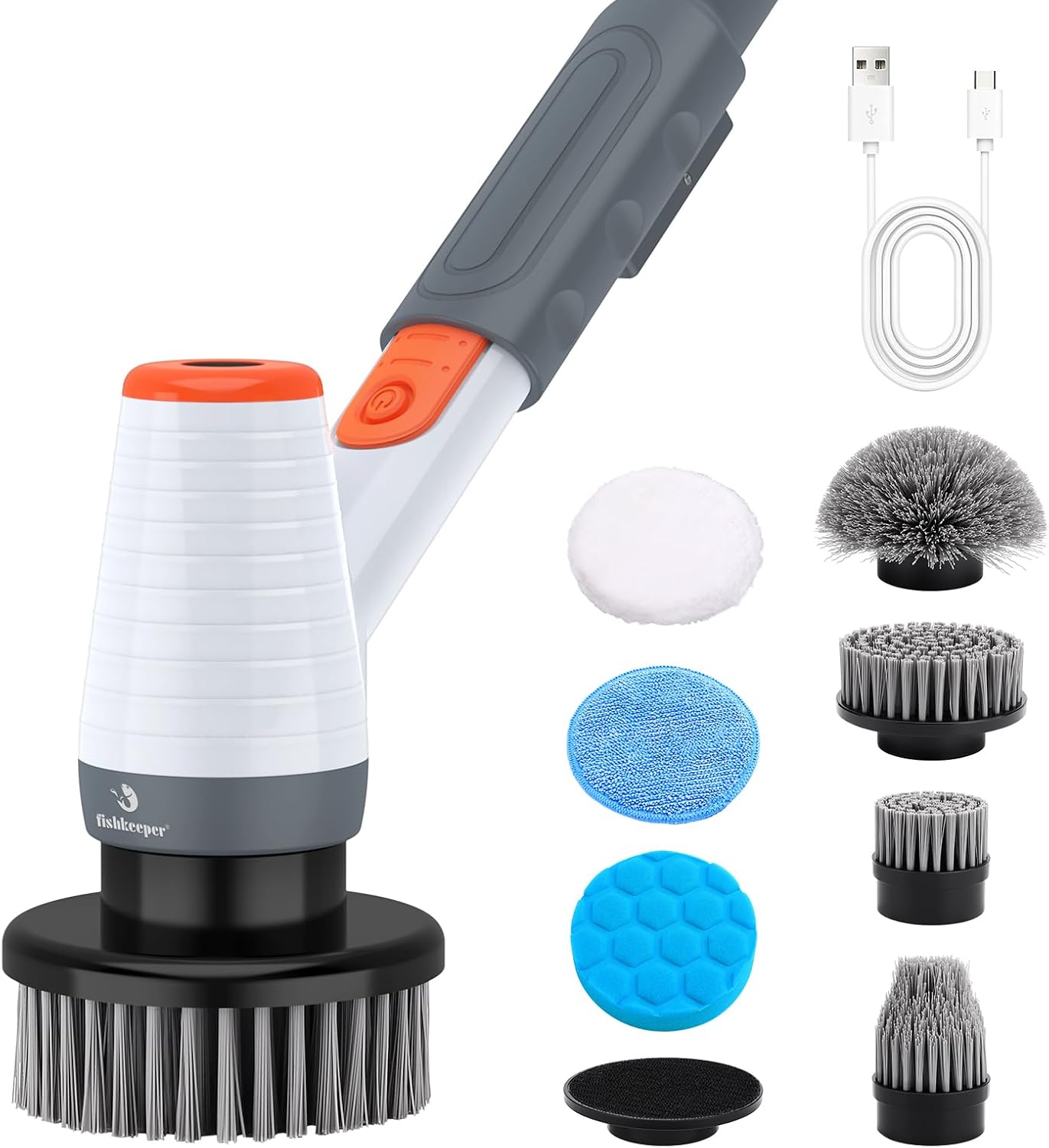 fishkeeper Elektrischer Aquarium-Scheibenreiniger mit 8 Aufsätzen, 2500-mAh-Akku, IPX9-Algenentfernungsset, 18-100 cm verstellbarer Teleskopstiel, 3 Geschwindigkeiten für die Aquarienreinigung und den Haushalt