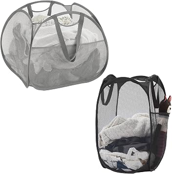 Collapsible Mesh Pop Up Laundry Hamper with Strong Handles, Large Opening Clothes Hamper with Side Pockets, Storage Baskets for Dorm, Laundry Room, Bathroom or Travel 2 Pack