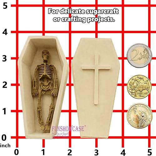 Miniatura 6 de Funshowcase Molde de silicona 3D de esqueleto de Halloween con sarcófago a juego para decoración de pasteles de fondant, arcilla polimérica,